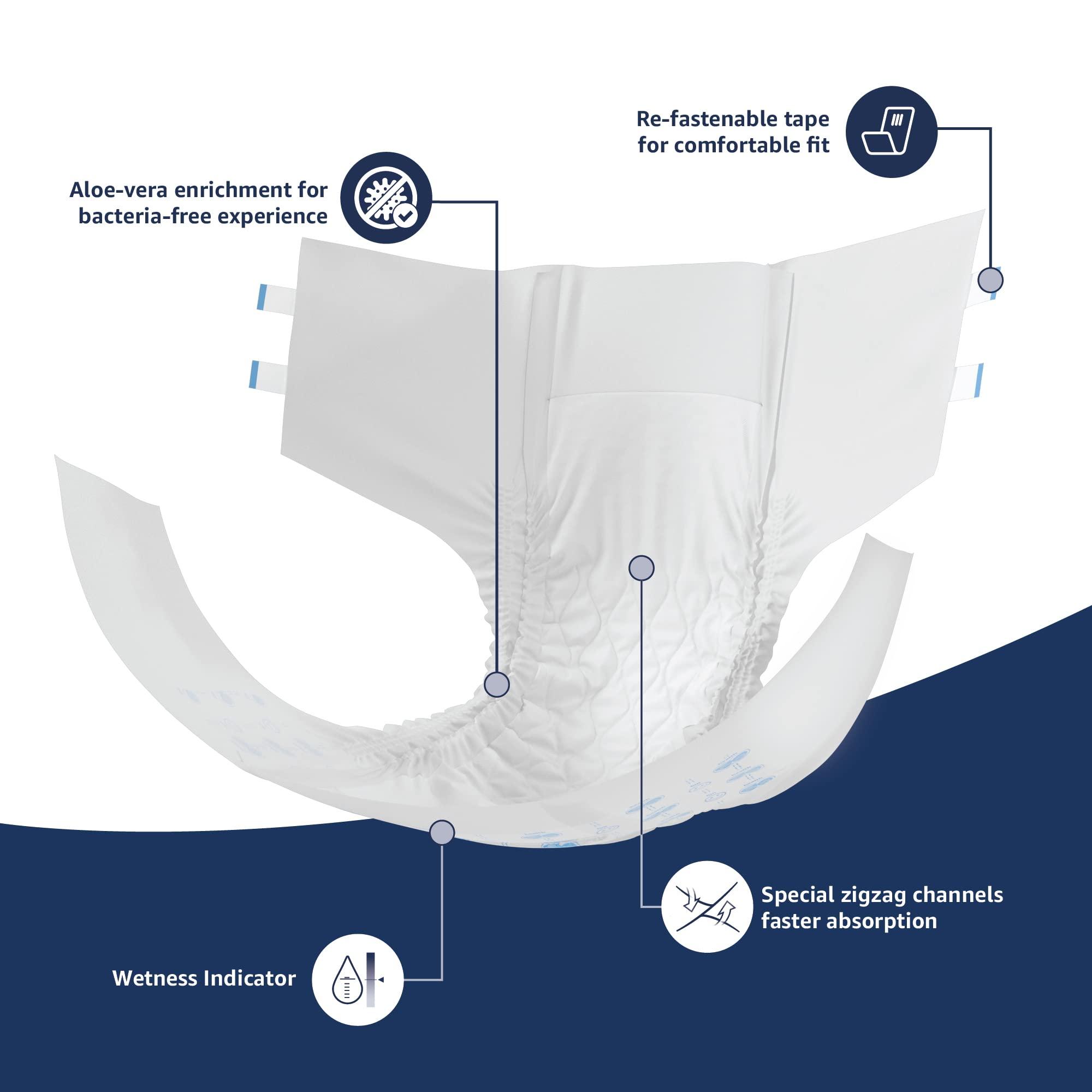 Amazon Brand - Solimo Amazon Brand - Solimo Adult Diapers, Tape Style | Pack of 30 | XL Size | Waist 48-57 in (122-145 cm) | Unisex | Quick Absorption | Leak Proof Upto 12 Hours | Wetness Indicator | For Men & Women