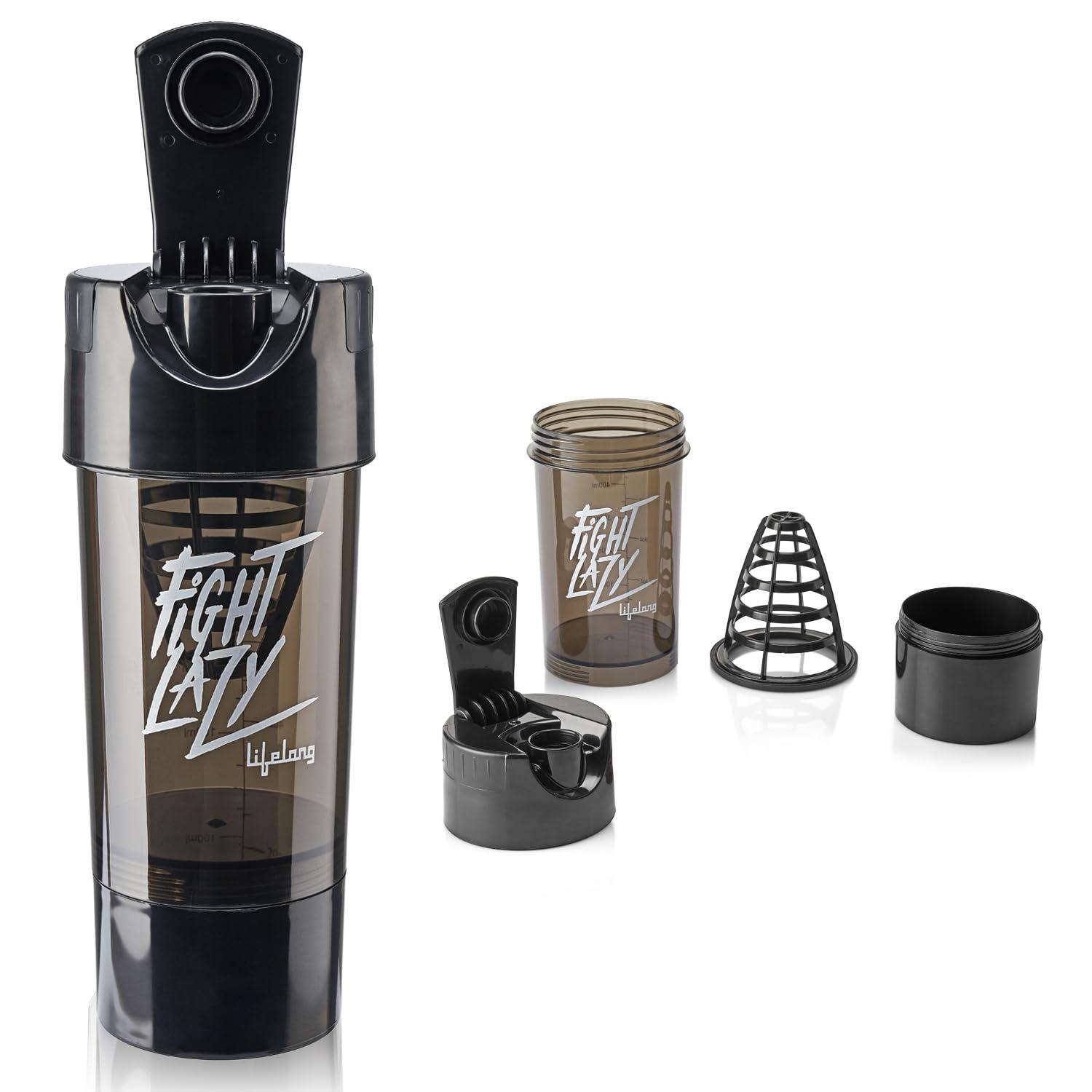 Lifelong Lifelong Protein Shaker|100% Leakproof Stylish Protein Shaker Bottle with Extra Compartment|BPA Free Sipper Bottle|Gym Bottle for Protein- 500ml (LLSHB02, Black),Plastic