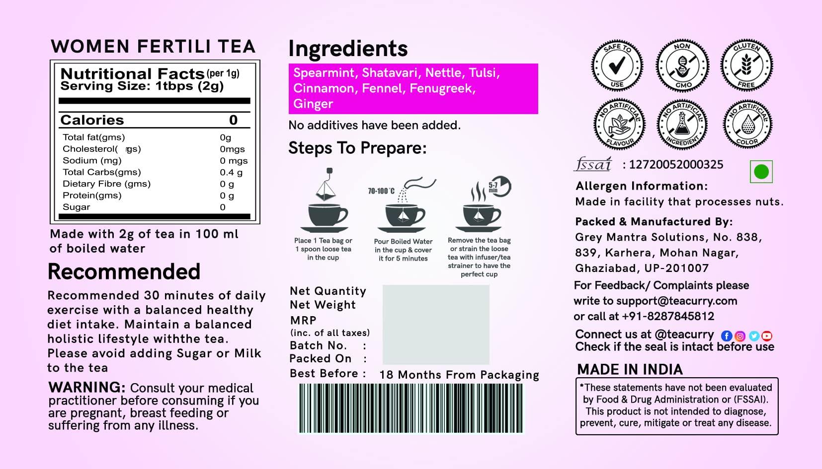 TEACURRY TEACURRY Women Support Tea - 1 Month, 100 gms - Spearmint, Asparagus, Shatavari, Nettle - Helps with Hormonal Balance, Tubal Blockage, Fibroids and Menopause (100 Grams | 1 Month Pack)