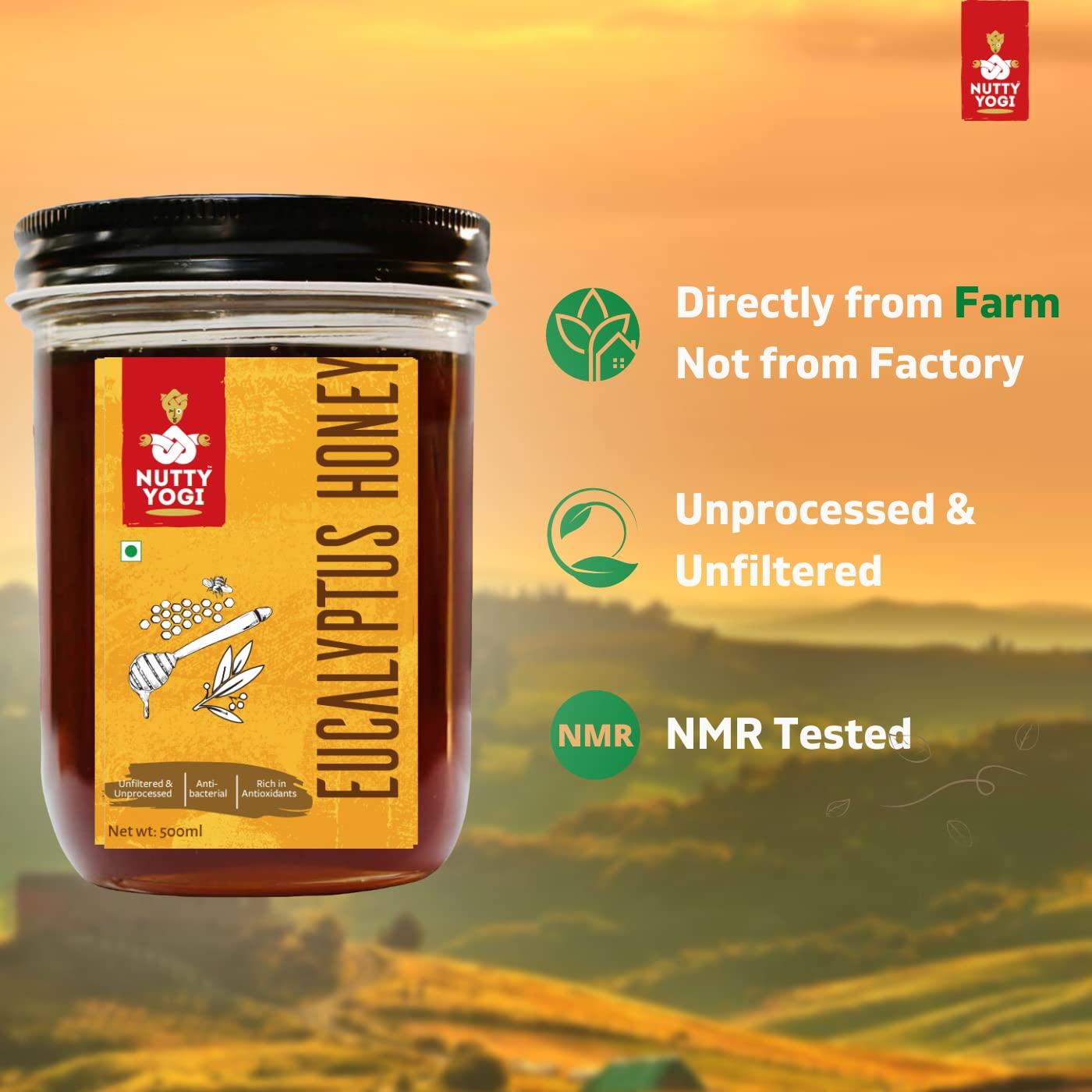 NUTTY YOGI Nutty Yogi Eucalyptus Honey 500 Gm, 100% Natural, Fresh from Forests, Healthy & Delicious, No Artificial Color/Flavour | 100% Pure Wild Forest Organic Honey