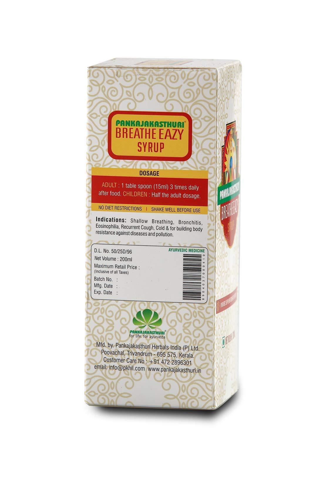 PANKAJAKASTHURI Pankajakasthuri Breathe Eazy Syrup Ayurvedic For Cough & Cold, Sinus, Asthma, Bronchitis & Breathing Disorders | Natural Immunity Booster | Unique Blend of 17 Ayurvedic Herbs - 200ml