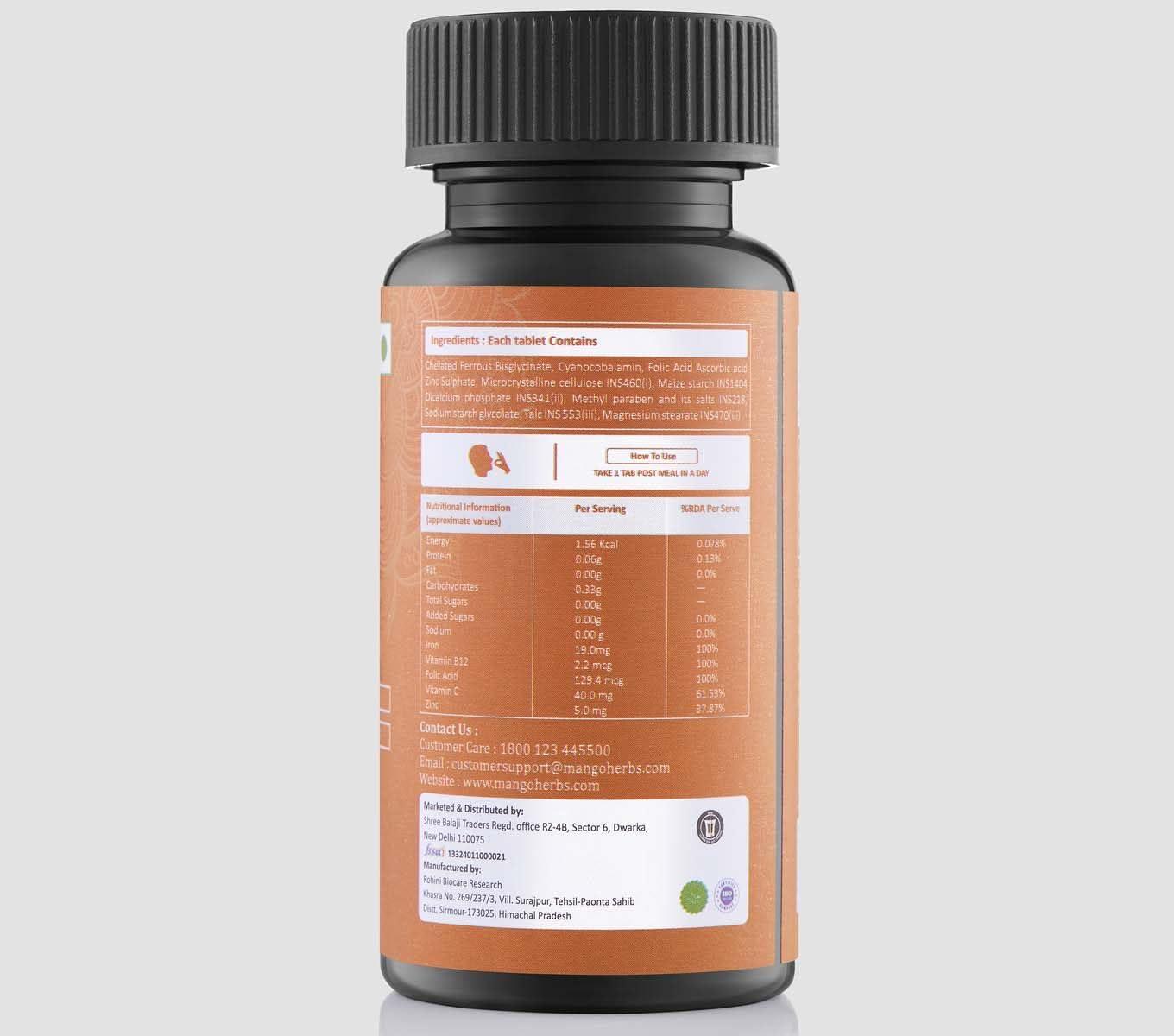 MANGO HERBS Mango Herbs Iron Pro: Iron Deficiency Supplement | Chelated Iron Bisglycinate, Vitamin B12, Folic Acid, Vitamin C & Zinc| Fights Anemia, Low Hemoglobin levels, Fatigue, Weakness & Strengthens Immunity | 60 Veg Tablets