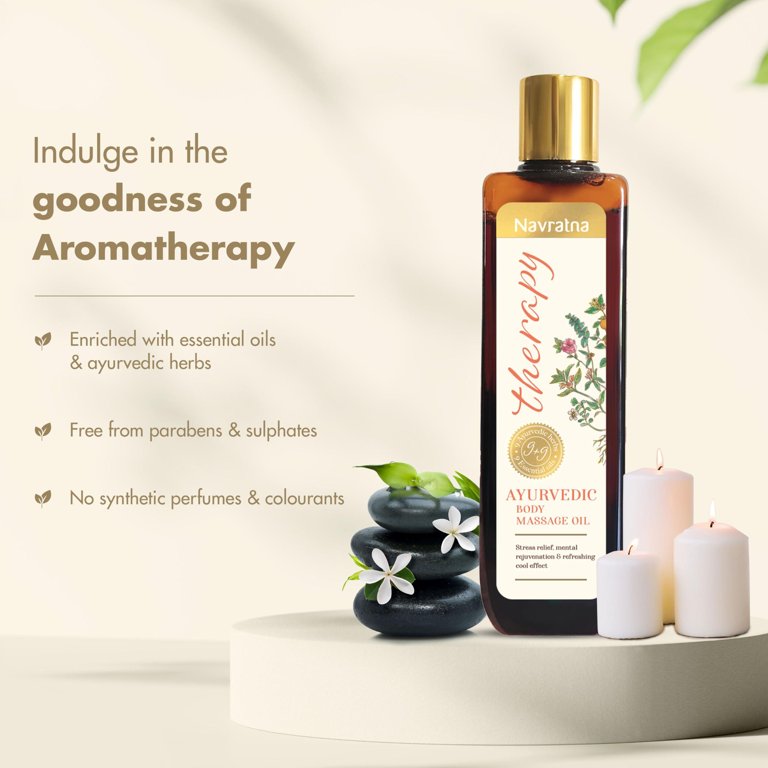 Navratna Navratna Therapy Ayurvedic Body Massage Oil | With Ashwagandha & Orange Oil for Stress Relief & Rejuvenation | Aromatherapy Oil for relieving fatigue | Mood Uplifting | Relaxing Massage Oil for Full Body | For Women & Men, 100ml