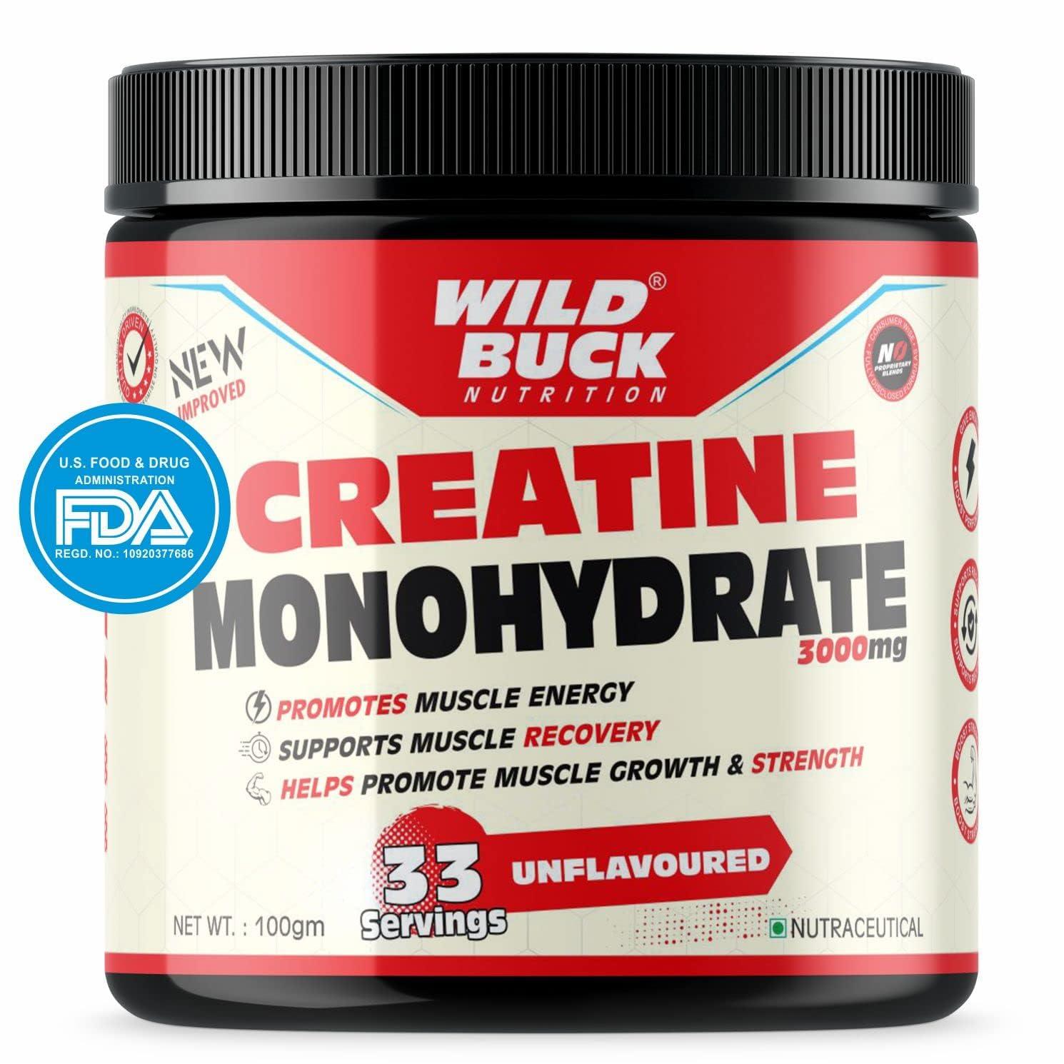 WILD BUCK WILD BUCK Wild Pre-X3 Hardcore Pre-Workout Supplement Powder, Energy Drink Monohydrate, Men,Women [30-60 Servings, Pina Colada, 255G] + Monohydrate Powder, [33 Servings, Unflavoured]