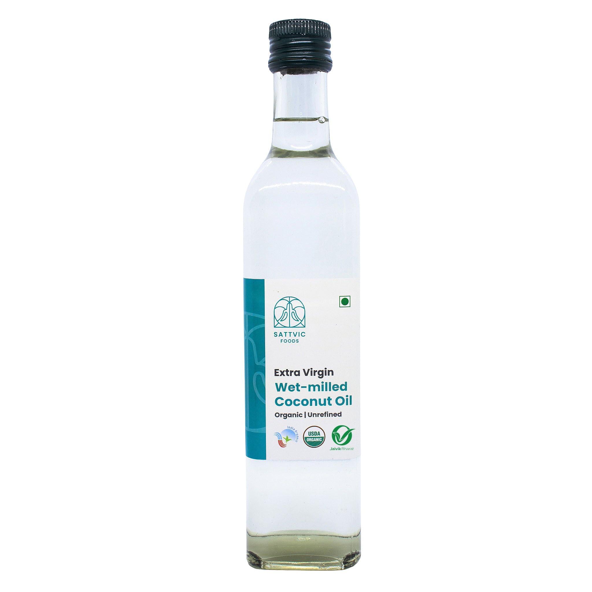 Sattvic Foods Sattvic Foods Wet-Milled Extra Virgin Coconut Oil (1 ltr) Nariyal ka Tel | Cold-Pressed & Certified Organic | Raw and Unrefined | Glass Bottle | Use in Cooking, Frying, Baking, Oil-Pulling