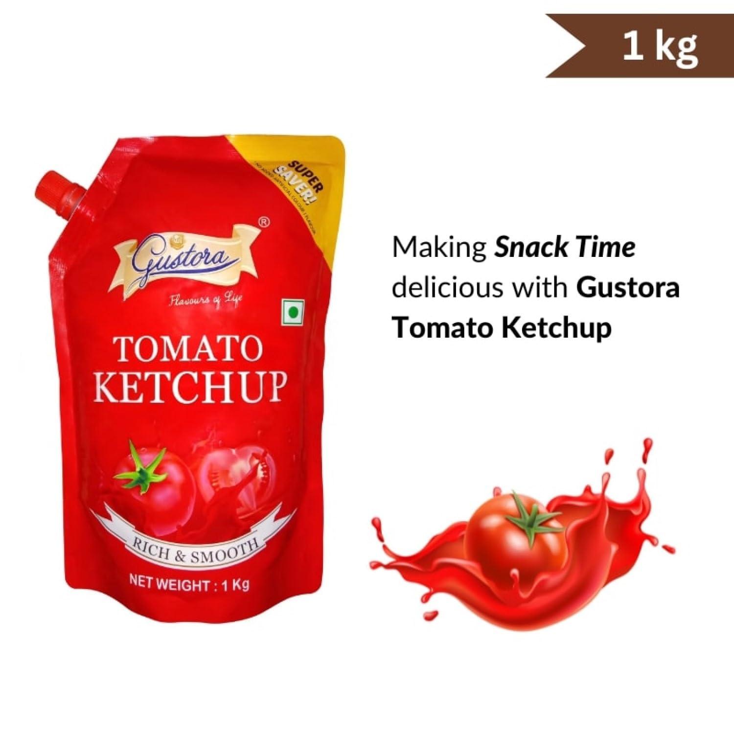 Gustora Gustora Real & Natural Tomato Ketchup I Super Saver Combo I Rich & Smooth I Vegetarian I No Onion No Garlic Jain Tomato Ketchup (950 gm) I No Preservatives & Artificial Color (1.95 Kg)