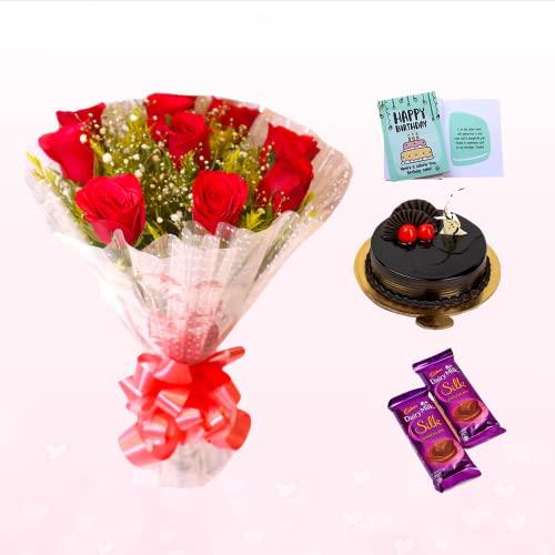 BIGWISHBOX Bigwishbox Best Combo | Chocolate Cake 500g | Fresh Flowers (10 Red Roses Bouquet) | 02 Silk Chocolates | 01 Greeting Card | Birthday/Anniversary Gift | Sameday/Nextday Delivery