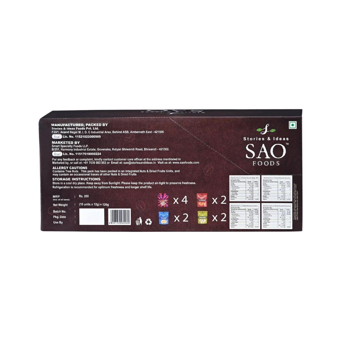 Stories & Ideas SAO Foods Stories & Ideas SAO Foods Roasted & Salted Assorted Dry Fruits Box Snacking Packs Of 12 Grm Each,Magic Mix: 8 Small Packs + Almonds: 4 Small Packs + Cashews: 4 Small Packs + Pistachios: 4 Small Packs
