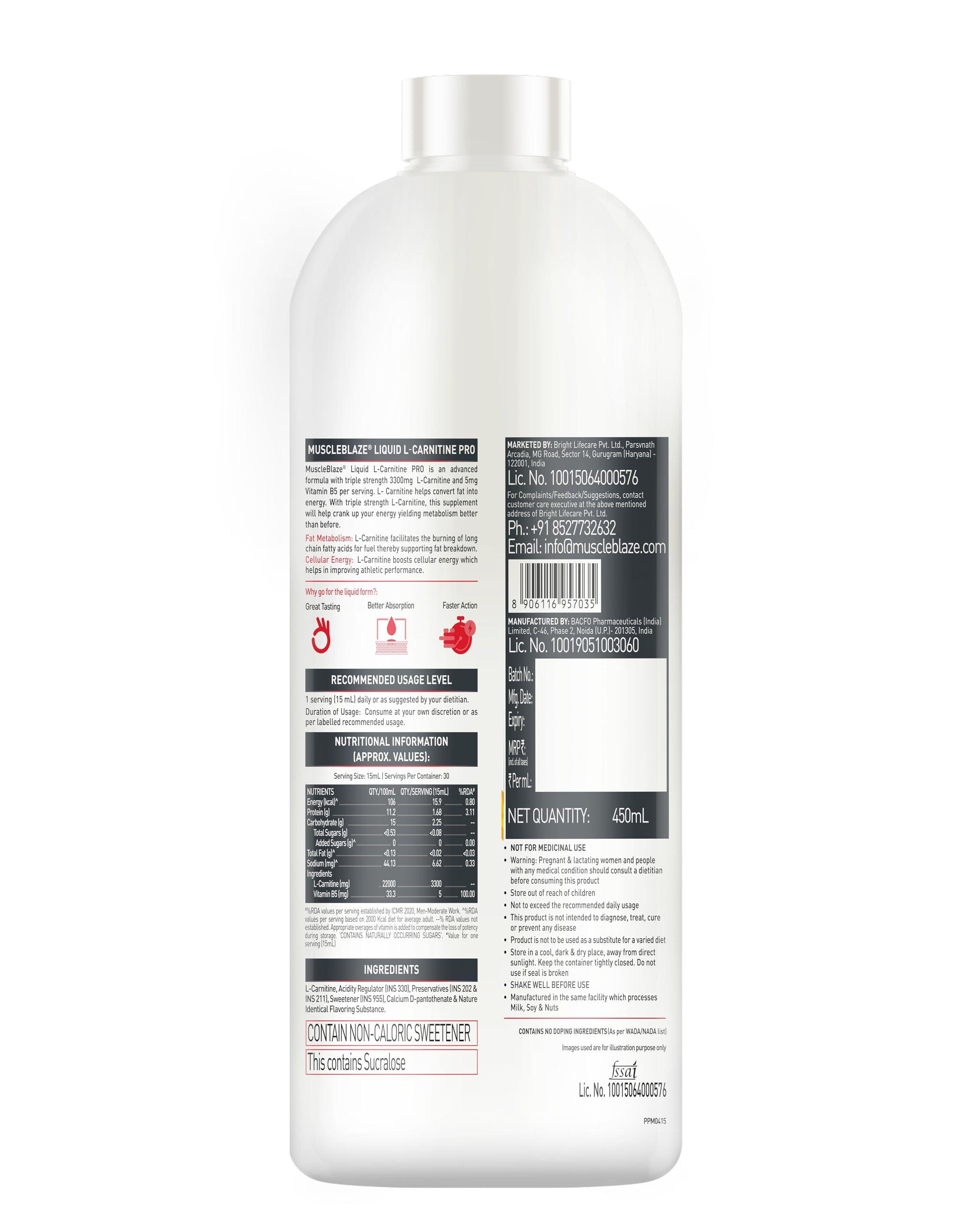 MuscleBlaze MuscleBlaze Liquid L-Carnitine PRO (Tangy Orange, 450ml) | Triple Strength Formula | 3300mg L- Carnitine