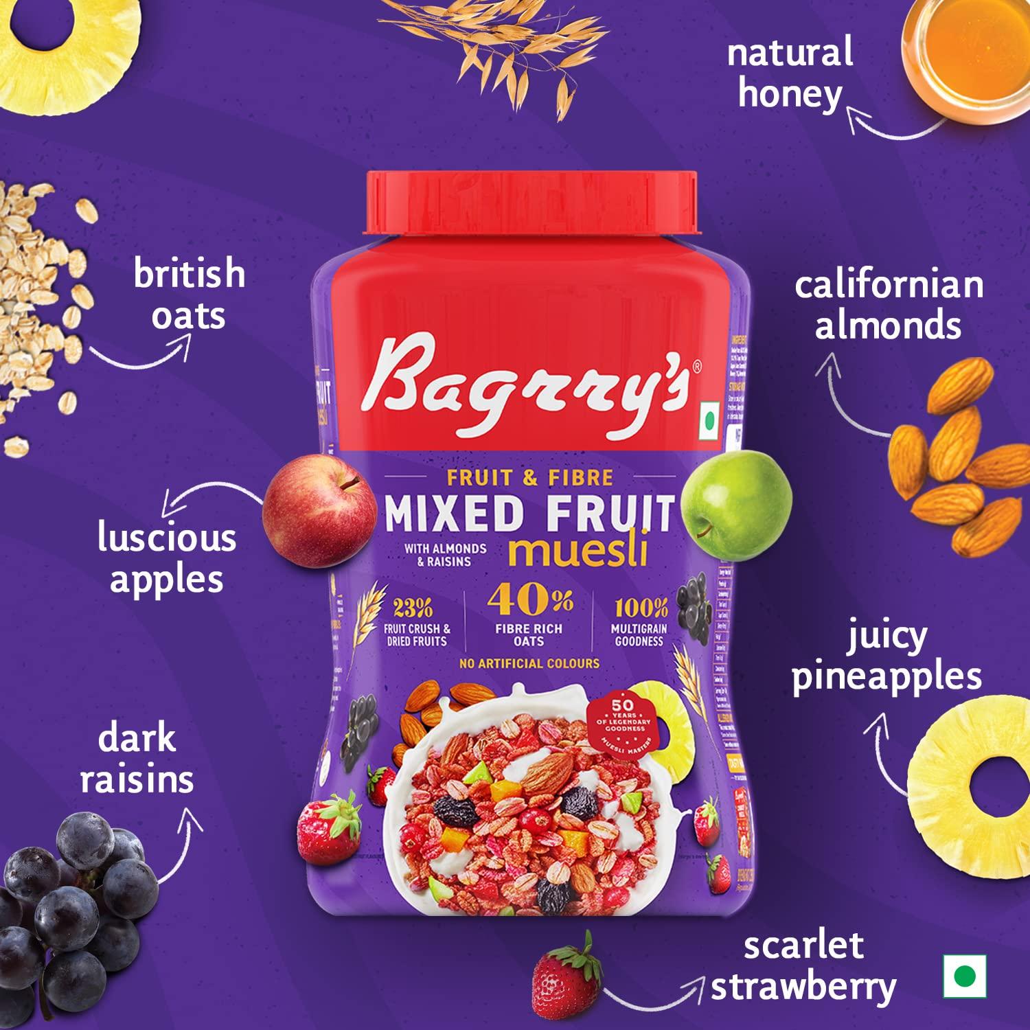 Bagrry's Bagrry's Fruit N Fibre, Mixed Fruit Muesli, 1000 GM, Jar, Pack of 2