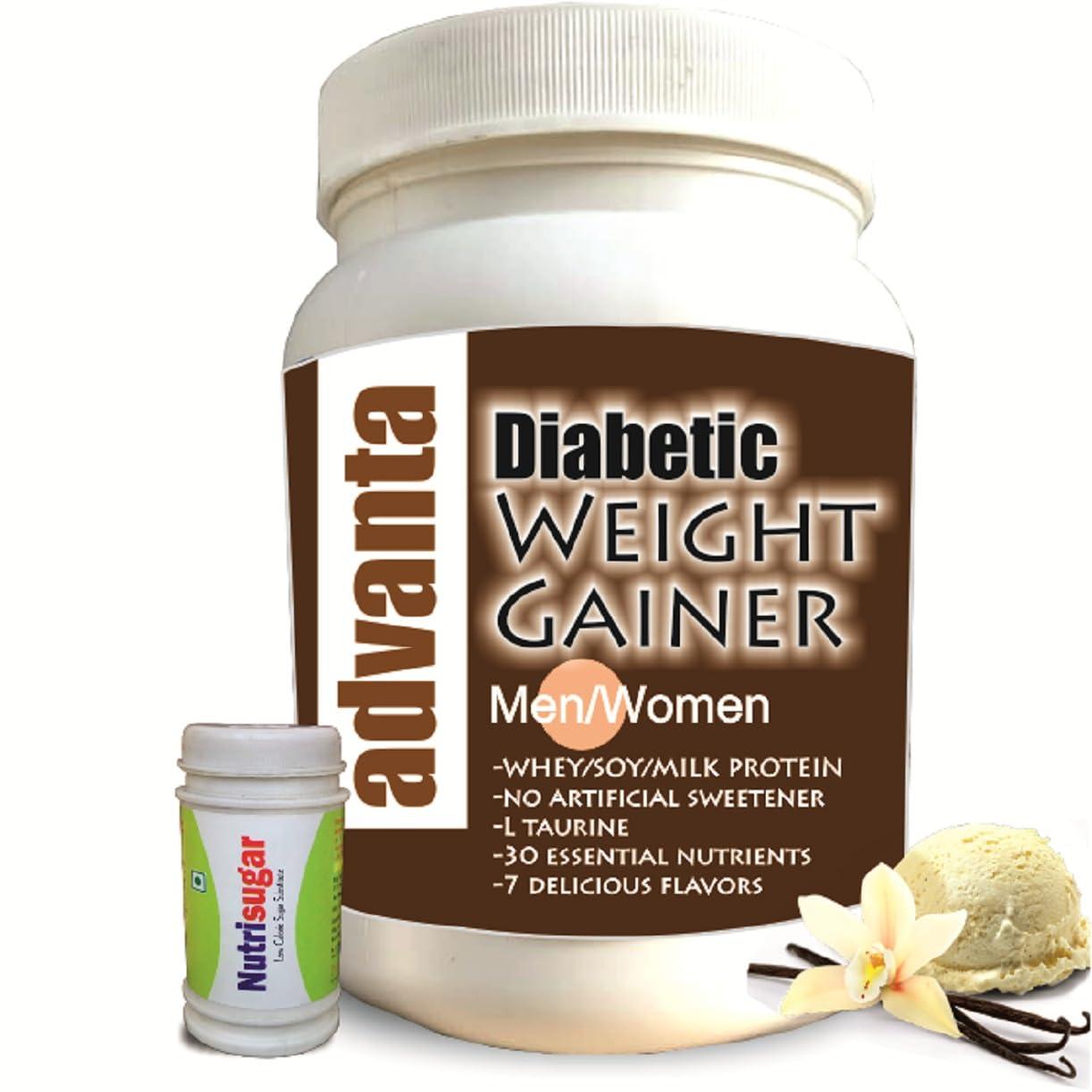 ADVANTA Advanta Sugar Free Weight Gainer Protein for Diabetics 1 kg (Vanilla) + Nutrisugar 75 gm Powder