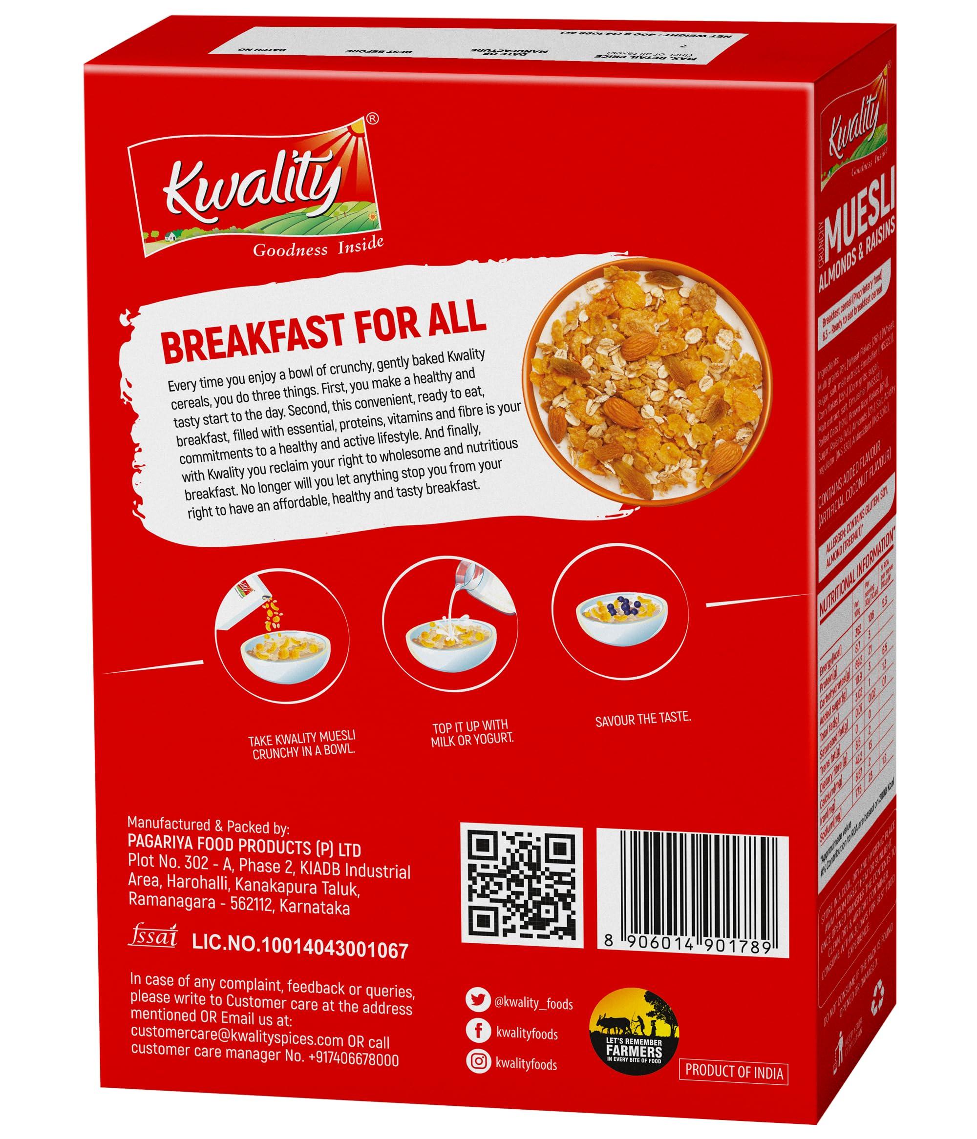KWALITY Kwality Crunchy Muesli, Almonds Raisins and Honey -Goodness of Multigrain, High in Fibre, Source of Vitamin, Iron and Protein 400G 3 [Pack 3]