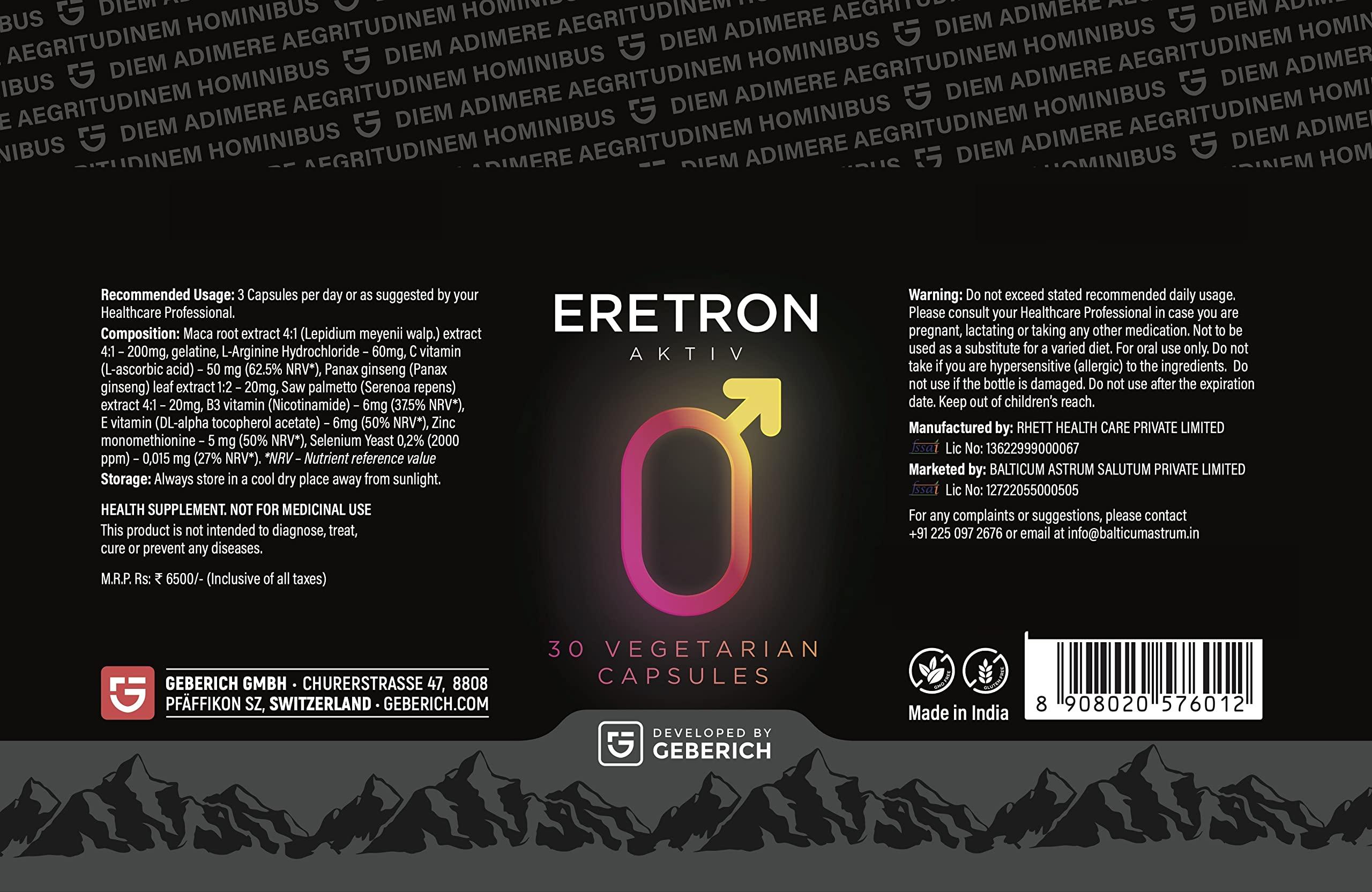 Generic ERETRON - 100% Natural. Herbal Dietary Supplement for Active Man | L-Arginine, Maca root extract, Saw palmetto extract, Zinc, Vitamins.