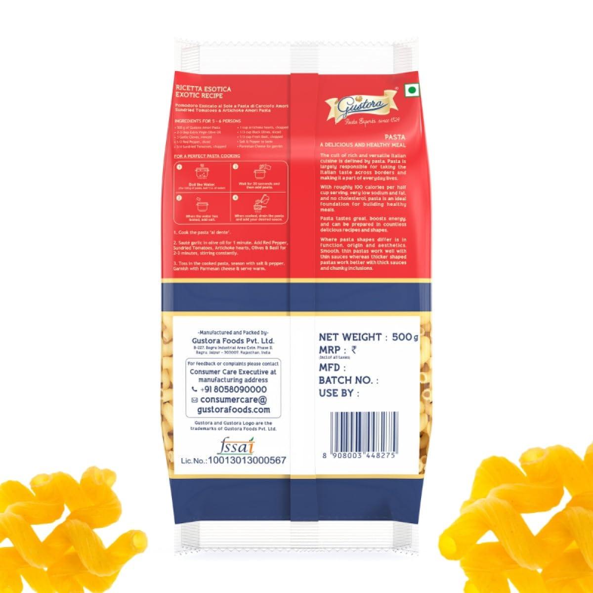 Gustora Gustora Amori Pasta, 500g I Made of 100% Durum Wheat Semolina I Rich in Protein & Fibre I Vegetarian I Zero Cholesterol I No Trans-fat I Cooking Time 10 Minutes - 500G