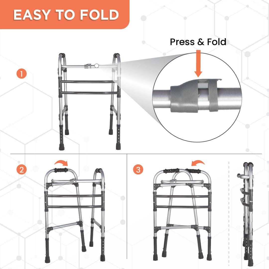 Vissco Vissco Dura Max Walker for Elderly and those Physically Challenged, Foldable, Light Weight & Height Adjustable Walking Aid - Made with Premium Grade Rubber Shoes and PVC Grip - Universal (Black)