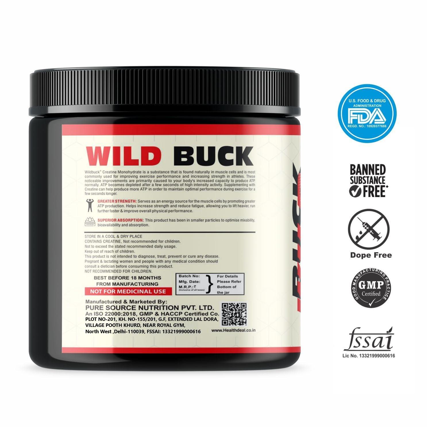 WILD BUCK WILD BUCK Creatine Monohydrate, 100% Pure Creatine Energy Support Supplement [50 Servings, Blueberry] + Bcaa Powder With Natural & Powerful Herbs For Women & Men [Orange Mango, 30 Servings, 300G]