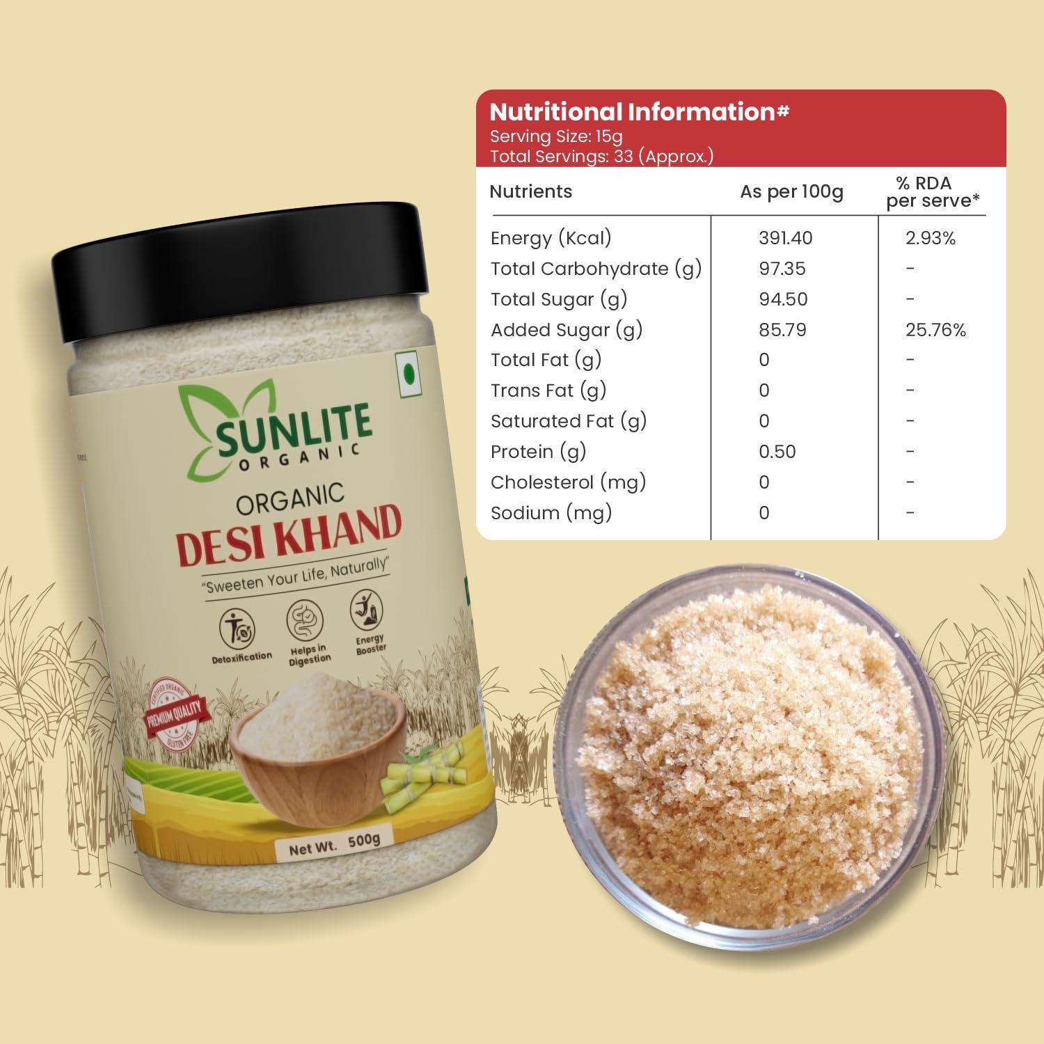 SUNLITE ORGANIC SUNLITE ORGANIC Desi Khand Sugar, 500g, with Natural Molasses Retained, Chemical & Pesticides Free, Organic Sugarcane Khandsari Sugar, Sulphur-Free Khaand, Unrefined & Unprocessed Raw Sugar