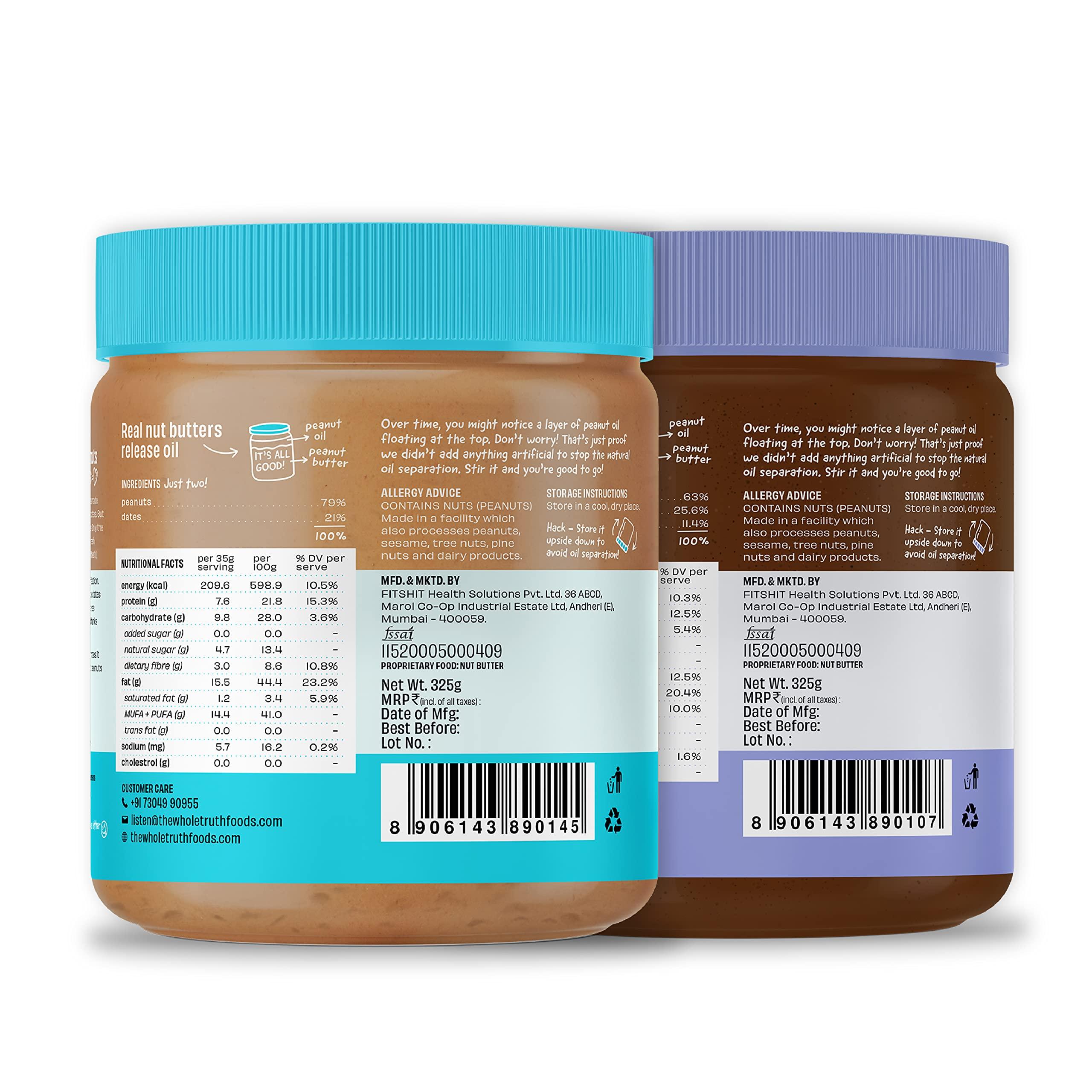 The Whole Truth The Whole Truth - Crunchy Combo - Peanut Butter with Dates + Dark Chocolate Peanut Butter - (Pack of 2) - 650 g