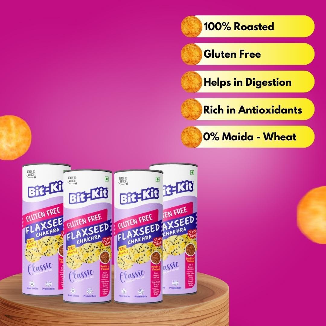 Bit-Kit Bit Kit Gluten Free Flaxseed Coin Khakhra | 100% Roasted Thins Low-Calorie Tea Time Snacks | High-Fibre Crunchy Diet Khakhra | Cholesterol-free Diet Khakhra - Pack of 4