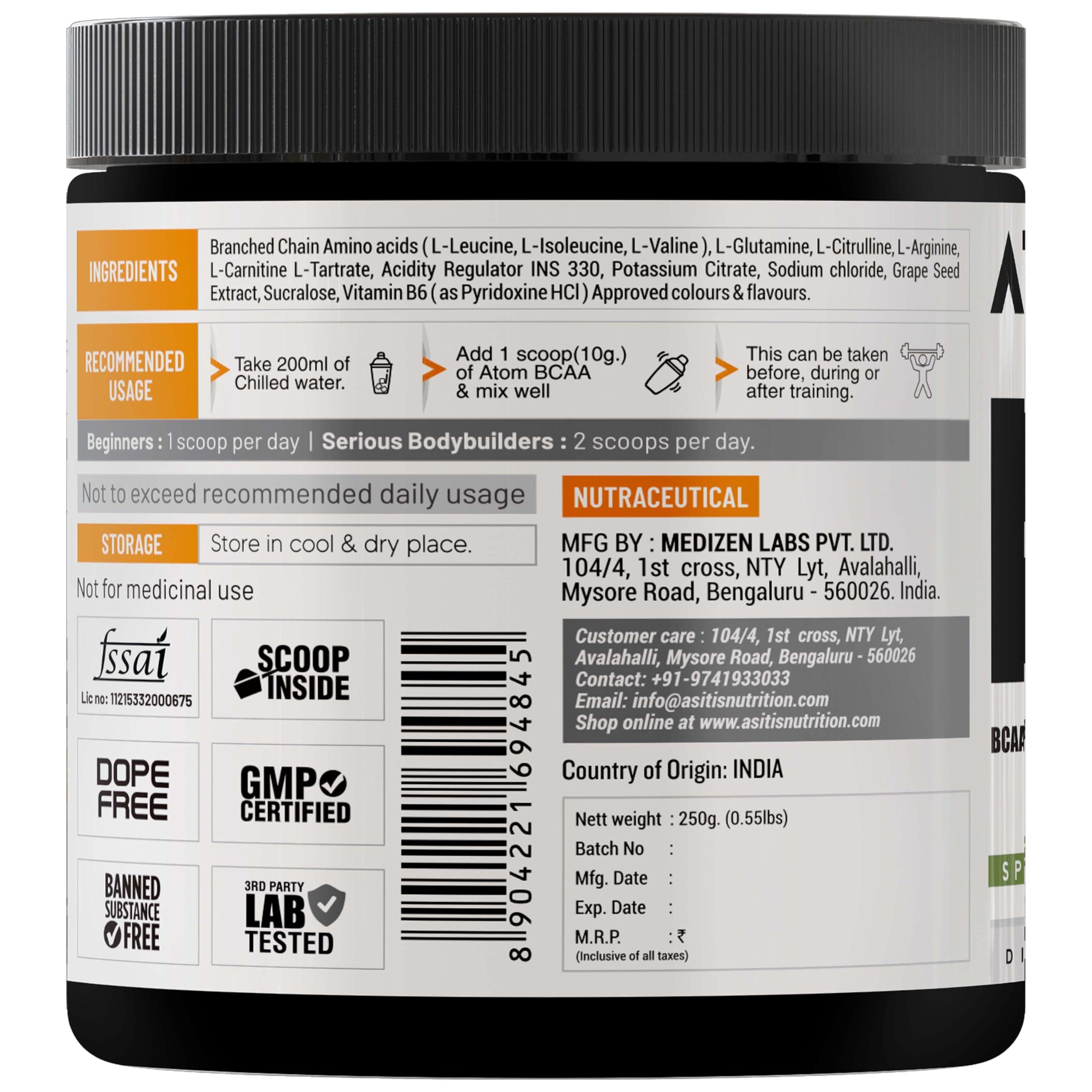 Asitis Nutrition AS-IT-IS ATOM BCAA 250g with L-arginine, L-Carnitine, L-Citrulline for Energy Burst & Athletic Performance, Spicy Jalapeno