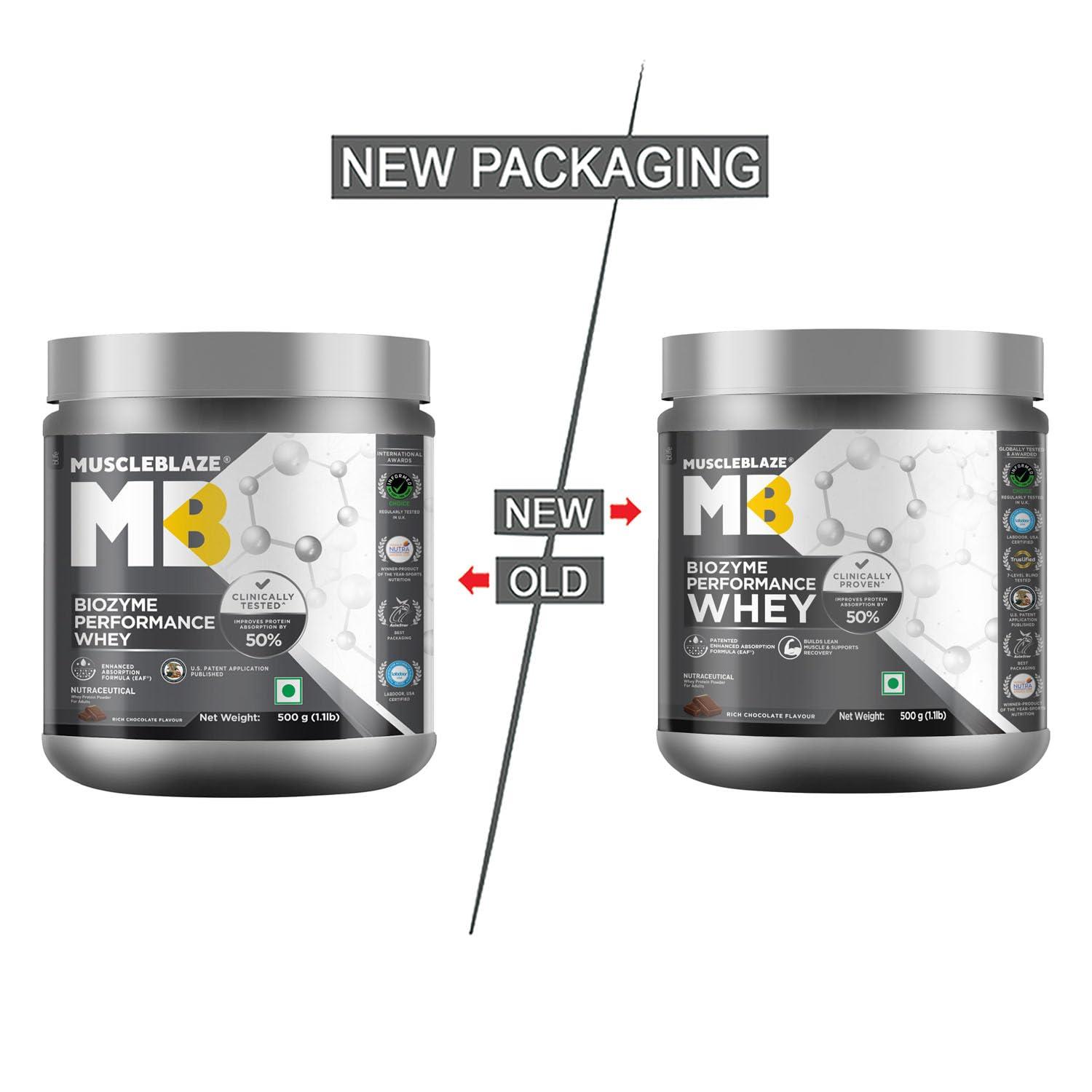 MuscleBlaze MuscleBlaze Biozyme Performance Whey Protein | Clinically Tested 50% Higher Protein Absorption | Informed Choice UK, Labdoor USA Certified & US Patent Filed EAF (Rich Chocolate, 500 g / 1.1 lb)