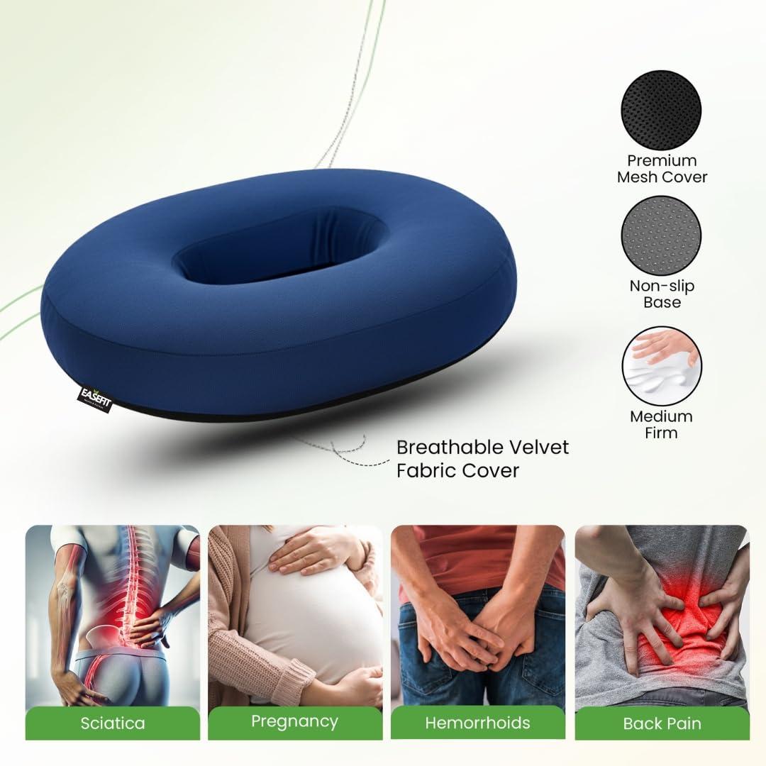 EASEFIT EASEFIT Orthopedic Soft Foam Donut Ring Cushion Pillow for Piles, Hemorrhoids Coccyx Tailbone Fistula Sciatica Post Natal Chair Lumar Pain Relief During Pregnancy, Seat Pillow, Washable, Blue