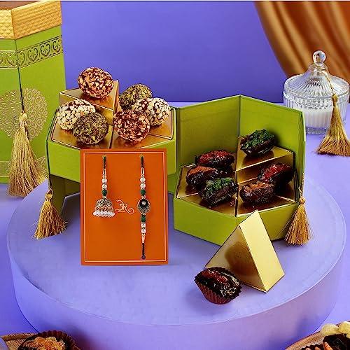 Hamam Dasta Bhai Bhabhi Rakhi Set Rakhi Gift For Brother And Bhabhi Bhaiya Bhabhi Rakhi Set Lumba Rakhi For Bhabhi Rakhi With Sweets Gift Box Barel Candy Dates Box Pearls & Greens Bhaiya Bhabhi Rakhi
