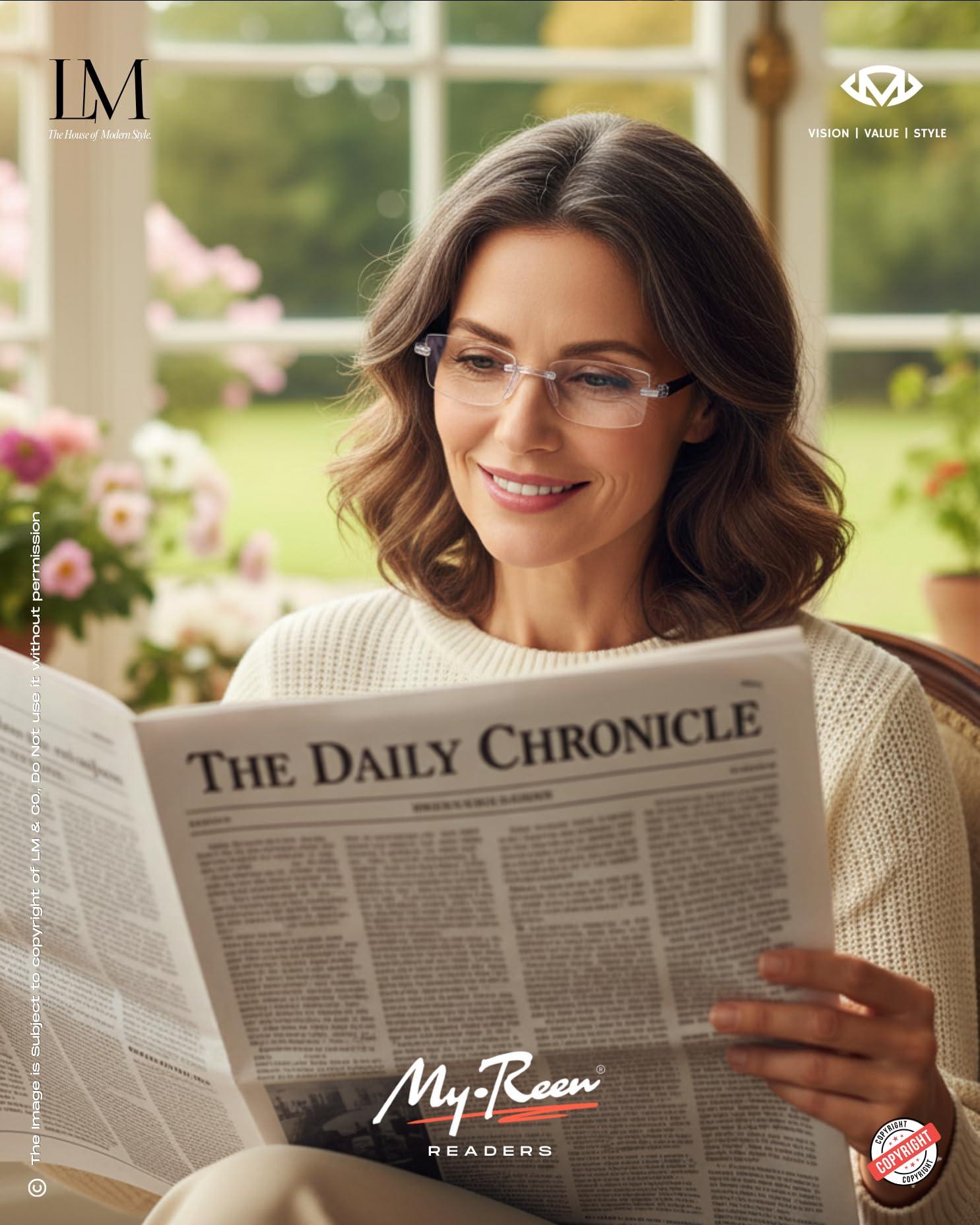 myreen myreen Blue Cut Rimless Reading Glasses for Men Women +1 +1.5 +2.0 +2.5 +3.0 Power Glass For Reading Books and Newspaper, Watching TV and Mobile (2, 3.00)