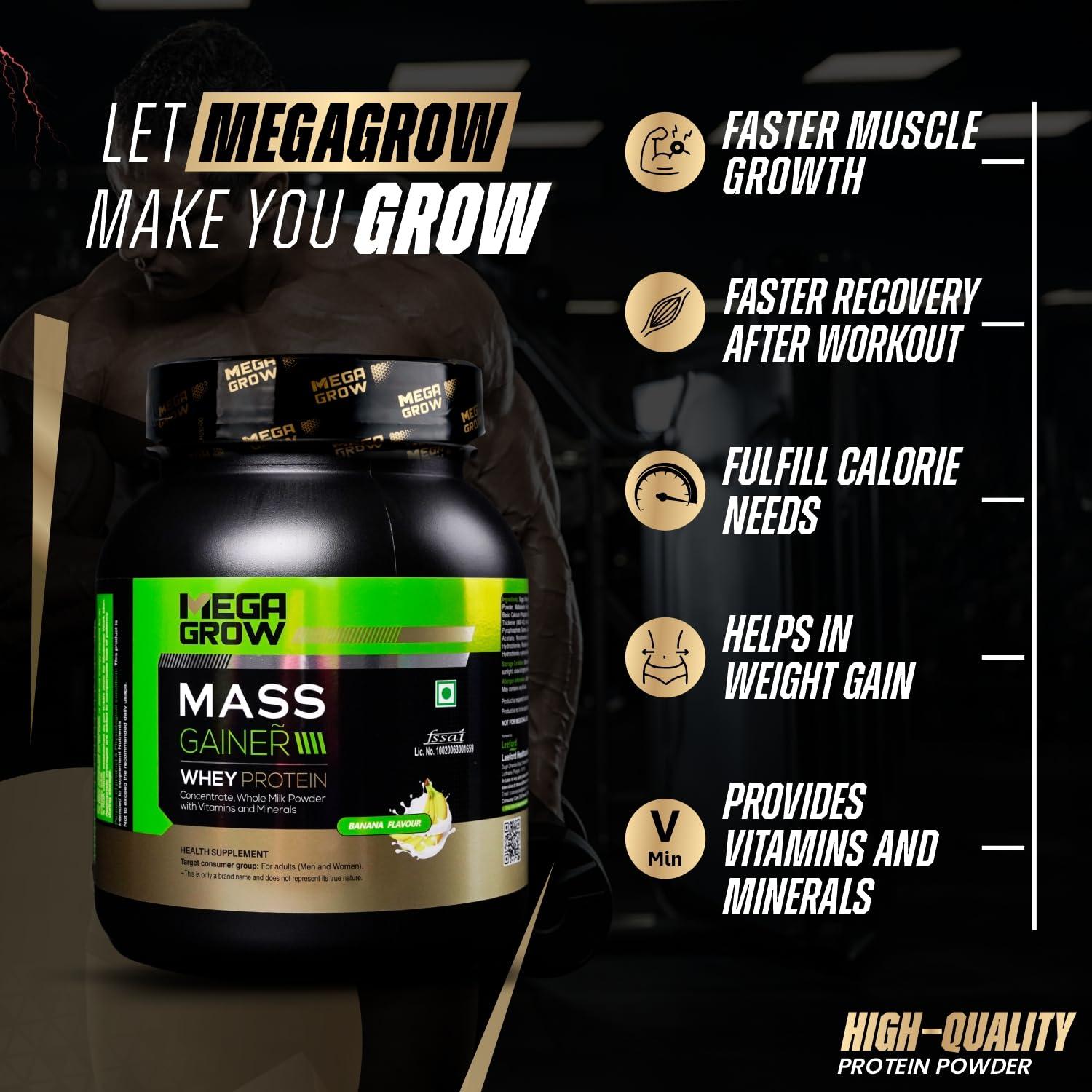 MEGAGROW Megagrow Mass Gainer 1kg Banana Flavor High Calorie Whey Protein Powder for Muscle Growth & Muscle Buidling Pre/Post Workout Supplement for Men & Women - Total 10 Servings