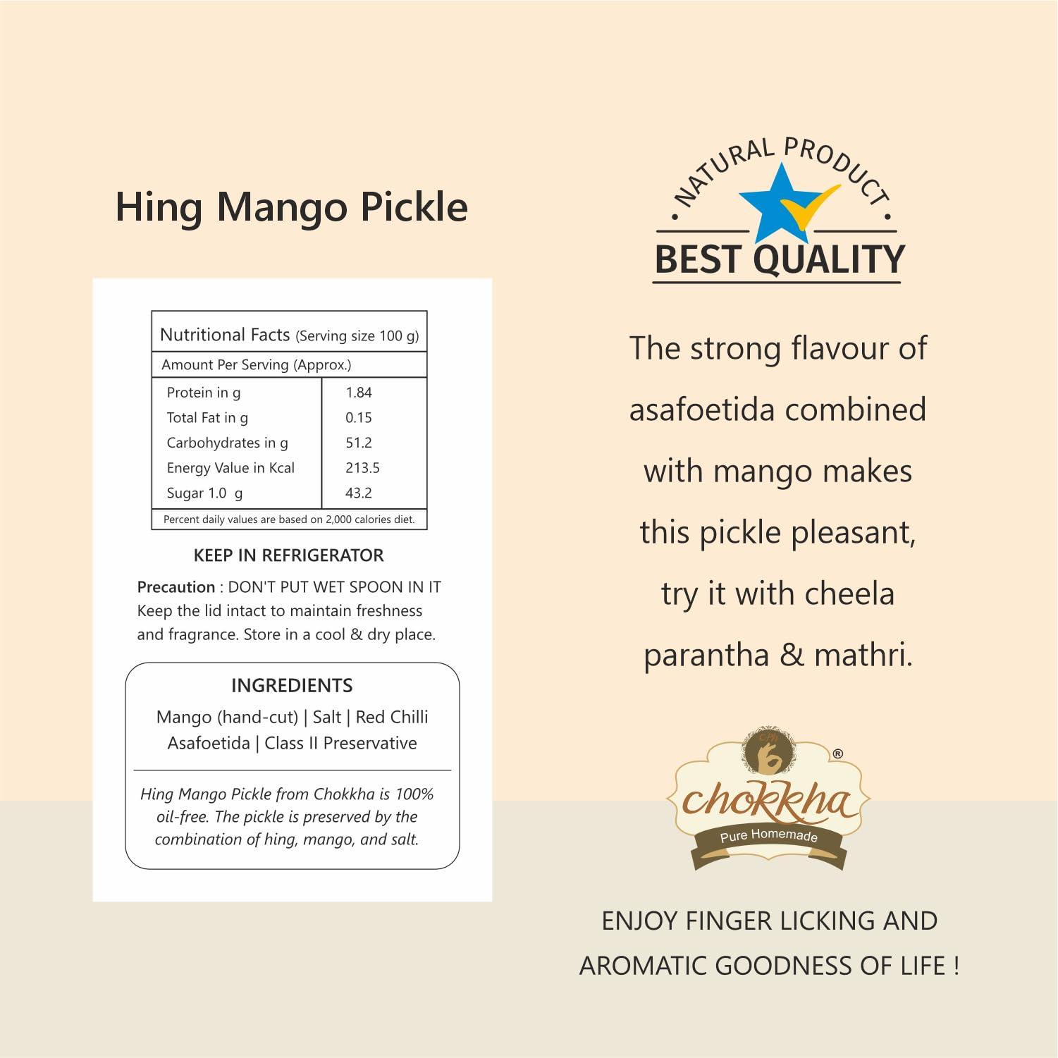 Chokkha Chokkha Traditional Homemeade Hing Mango & Sweet & Sour Lemon (Hing Aam, Khatta Meetha Nimbu) | No colour Added | Vegan | 100% Oil-Free | Combo of 2 | 400 Gm Each