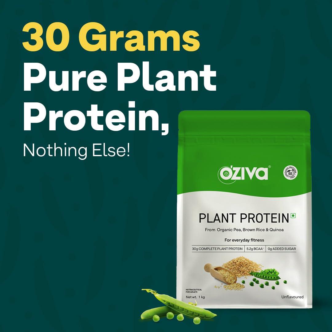 OZiva OZiva Organic Plant Protein for Everyday Fitness | 30g Protein - Pea Isolate | Complete Plant Protein Powder for Men & Women | No Added Sugar, Certified Clean & Vegan (Unflavoured, 1kg + shaker)