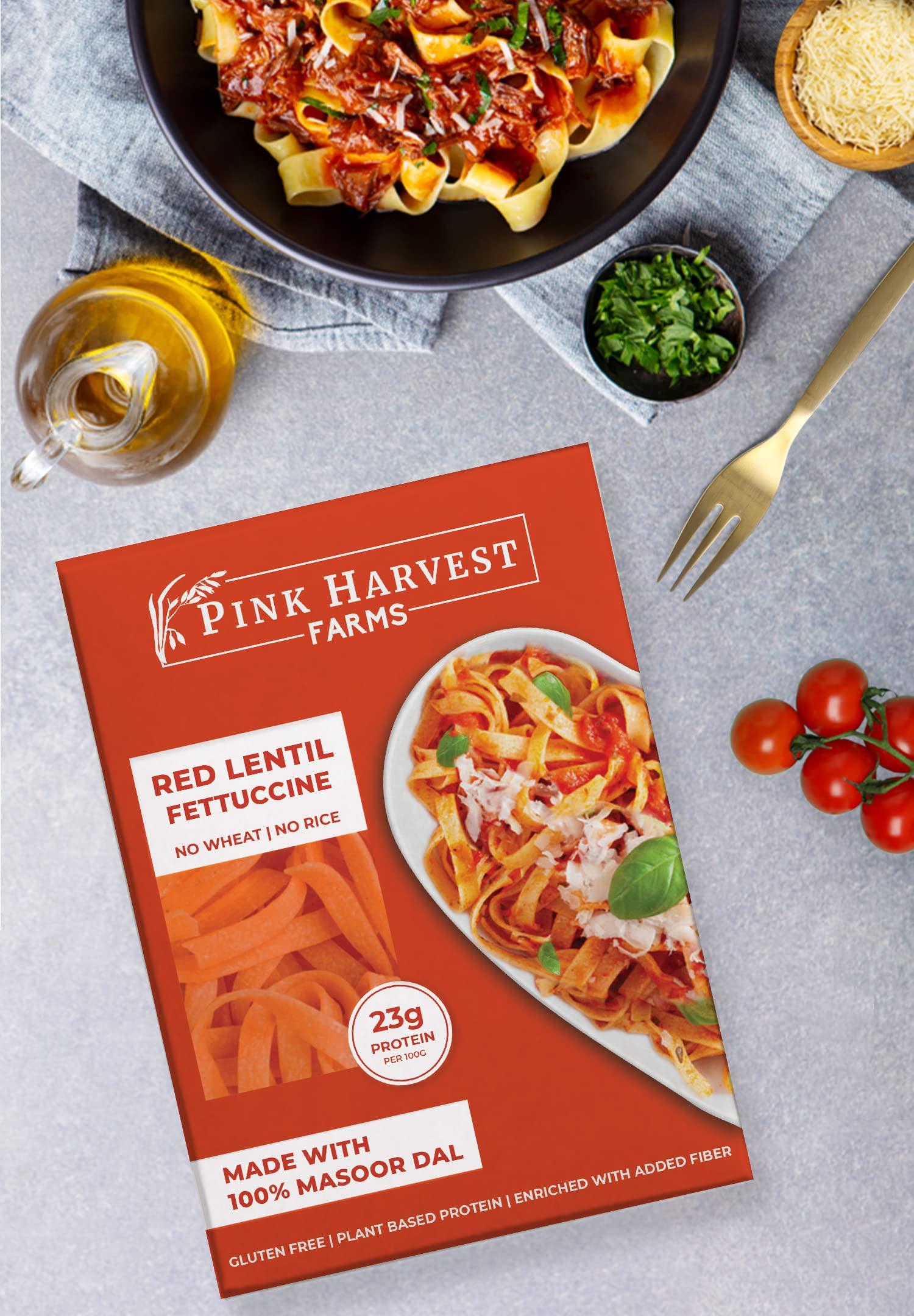 Pink Harvest Farms Pink Harvest Farms Red Lentil Fettuccine Pasta | No Rice - No Maida | Vegan | Gluten Free | High Protein | Keto | 200gm Pack (Pack of 2)