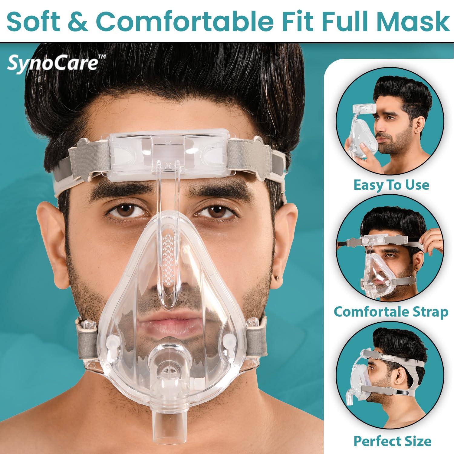 SYNOCARE Synocare Cpap Mask Bipap Mask for bipap machine cpap machine for sleep apnea full face mask compatible to all cpap bipap machine with head strap 100% Transparent (SMALL)