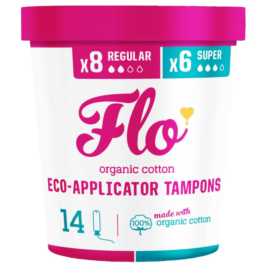 FLO FLO - Organic Applicator Tampons with Width-Wise Expansion, Natural Comfort Cotton, Plant-Based, Biodegradable & Plastic Free, Superior Leak-Busting Protection, Regular & Super Combo Pack, 14 Count