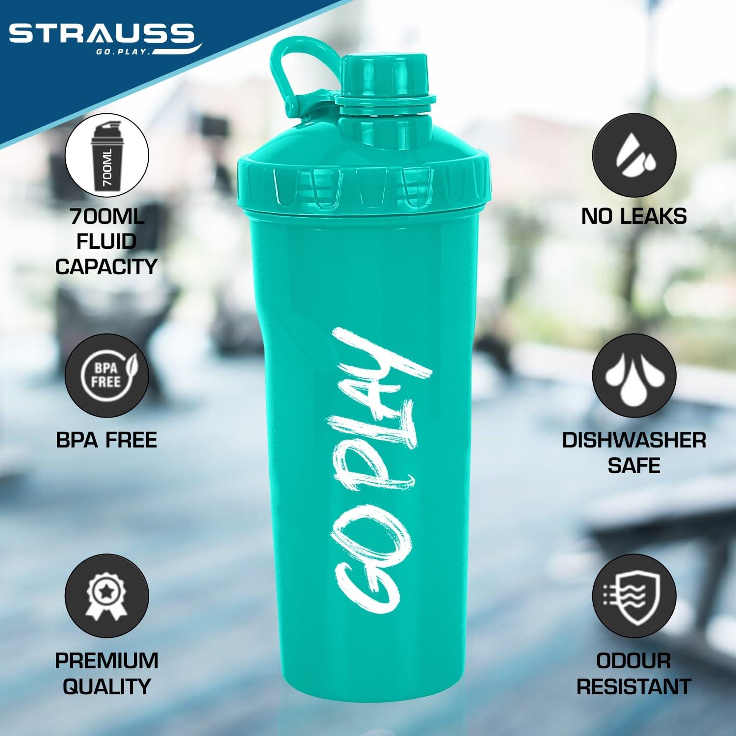 STRAUSS STRAUSS Aqua Shaker Bottle | 100% BPA- Free | Leakproof Shaker for Protein Shake |Ideal Pre-Post Workout Shake|Blender Bottle for Smoothies & Shakes | Ideal for Both Men and Women | 700ml,(Aqua Green)