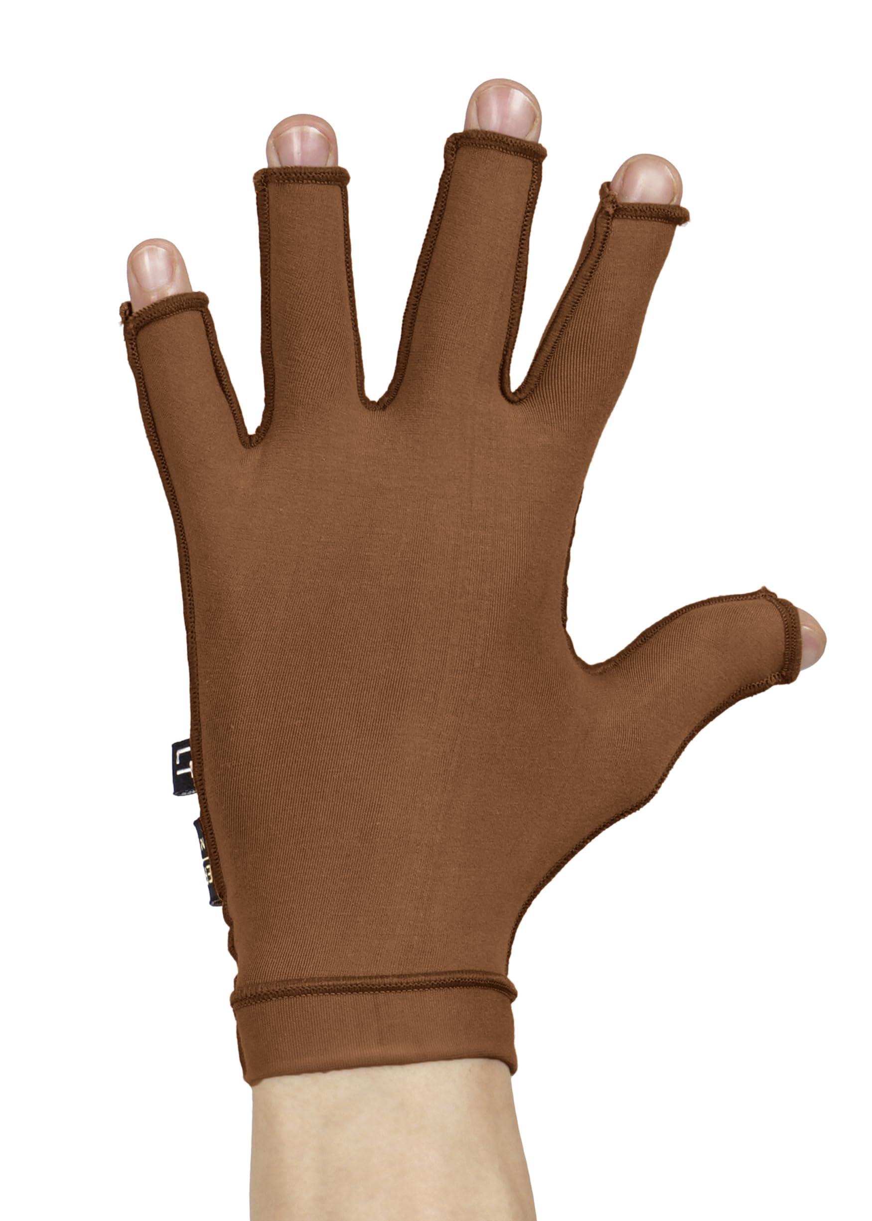Dermapress Medical Compression Hand Glove upto WRIST with open Fingers | OUTSIDE ZIP| HIGH COMPRESSION | COTTON | UNISEX | BURN Recovery Support | (Brown, Right Hand- L)
