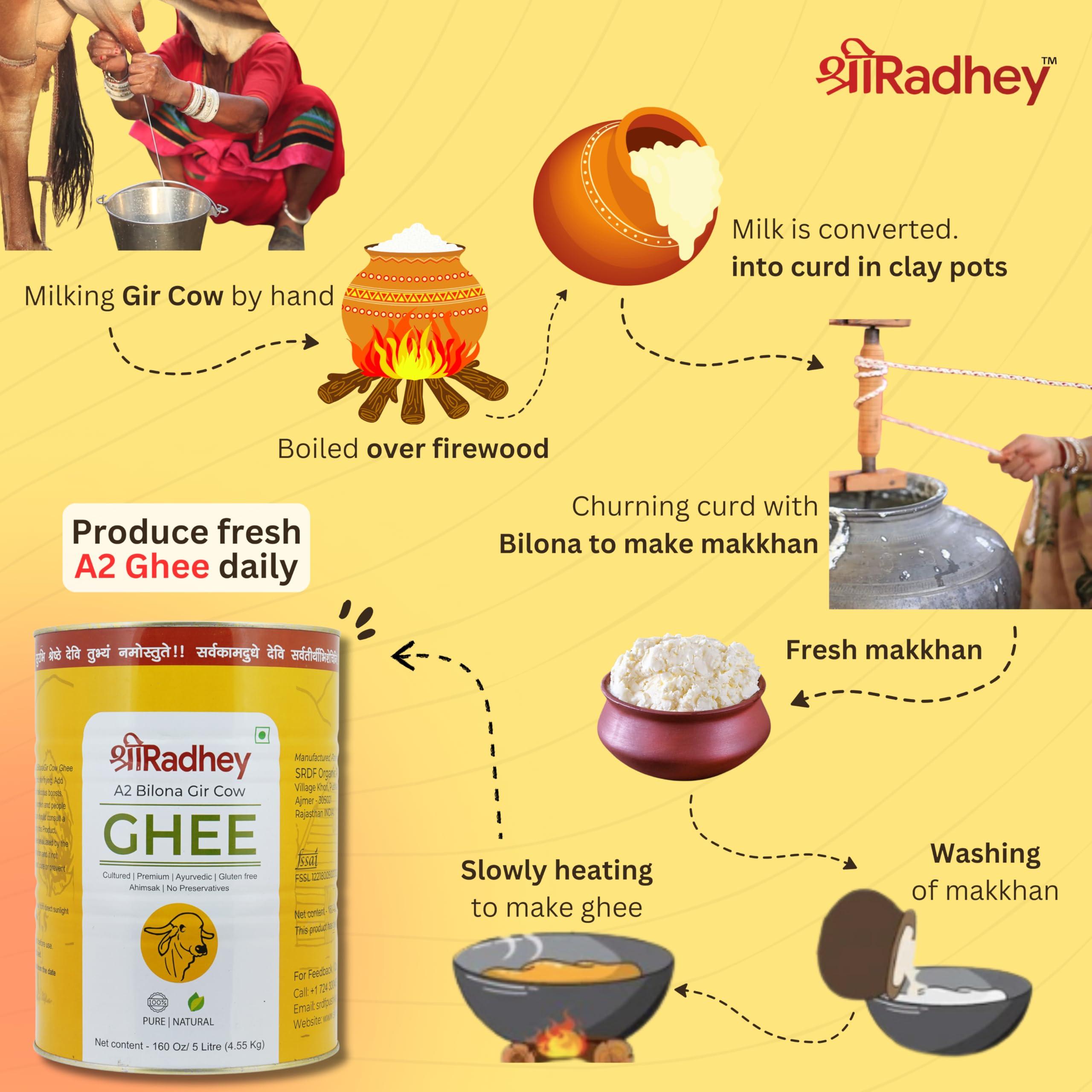SHREERADHEY SHREERADHEY Gir Cow Ghee I A2 Bilona Traditional Bilona Method I 1 L Glass Bottle, 1.53 Kg