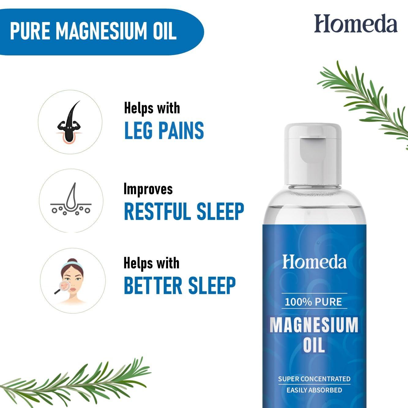 Homeda Homeda Magnesium Oil for Feet - Pure Magnesium Spray for Feet (200 ml), Topical Magnesium Lotion for Sleep, Magnesium Chloride Oil Spray, Macgesia oil 200ml Oil for Pain Relief (Pack of 2)