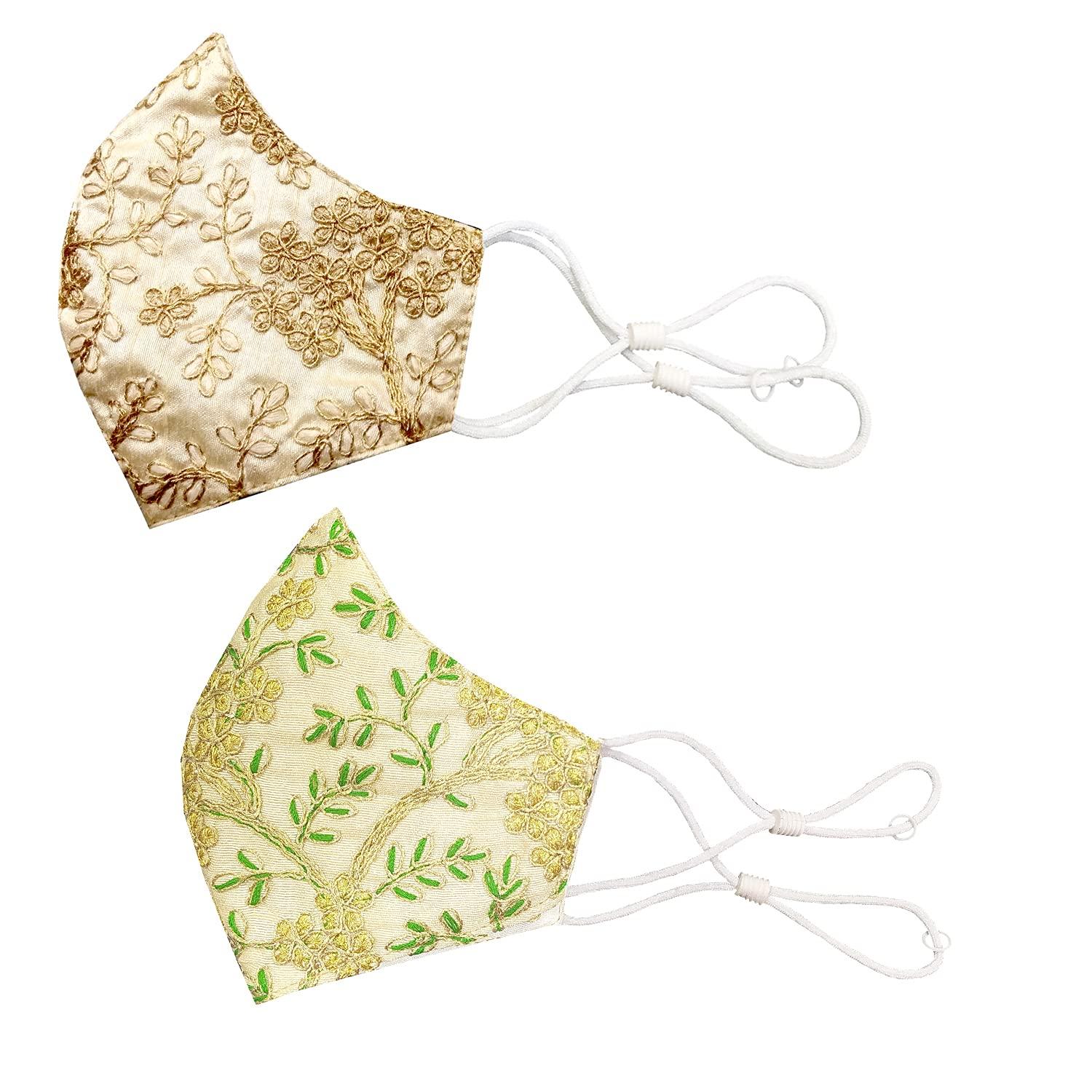 Fclues Fclues Women and Men for Marriage Golden Function Mask, Wedding, Party, Casual, Safty Protection, Reusable, Free size, Green With Gold ( Pack of 2), Without Valve