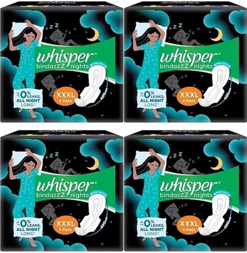 Whisper Whisper Night Sanitary Pad For Women, XXX-Large, 4 Count (Pack of 4)