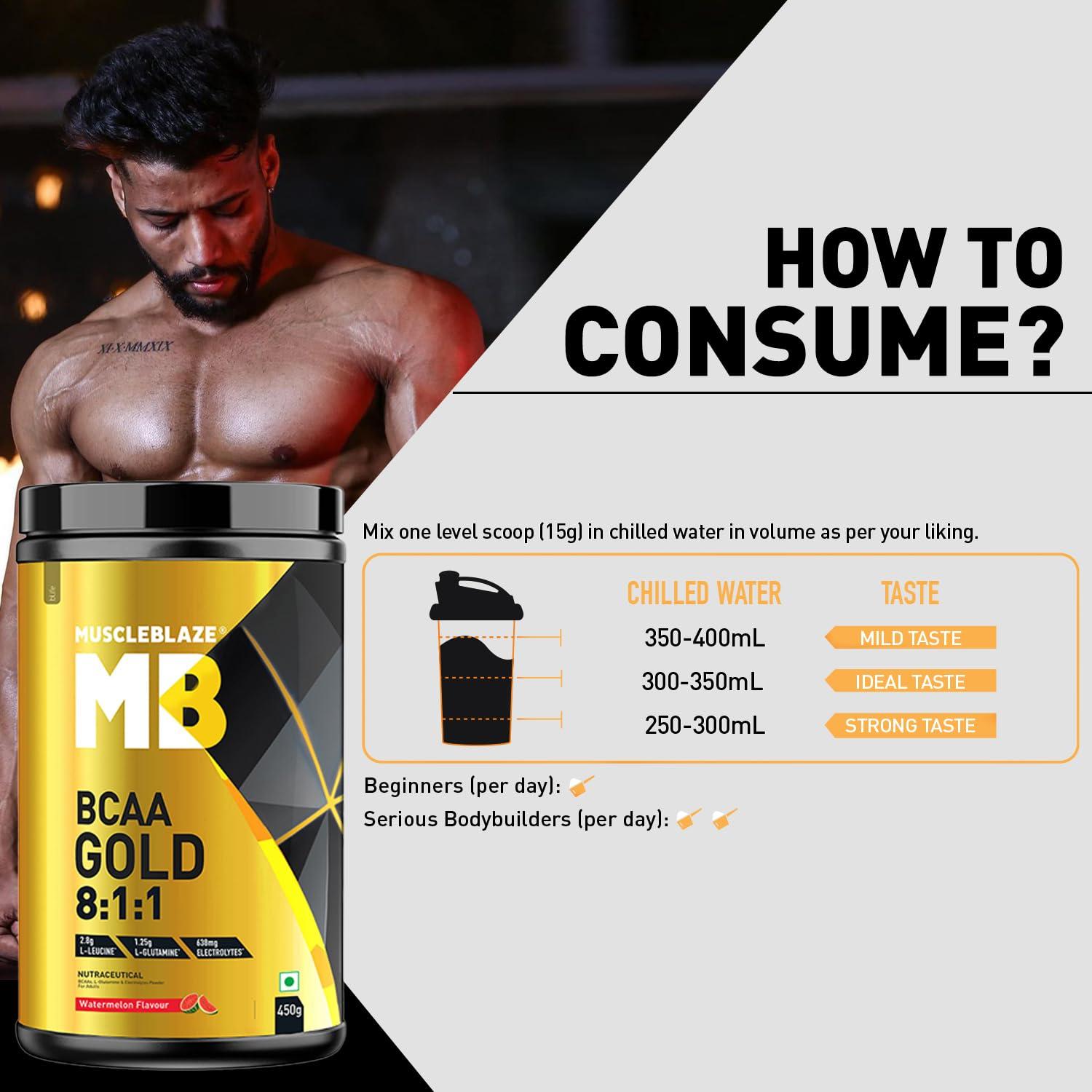 MuscleBlaze MuscleBlaze Bcaa Gold 8:1:1 Powder (Watermelon, 450G, 60 Servings) | With Higher Leucine, Electrolytes & Glutamine