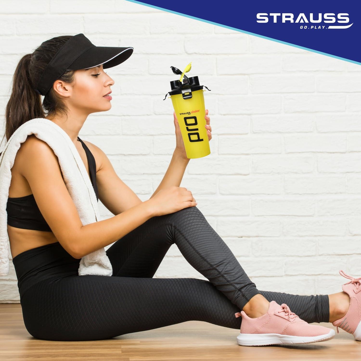 STRAUSS STRAUSS Dual Shaker Pro | Pre & Post Protein Shake On the Go | Leakproof and BPA-Free Material | Dual Shaker Bottle | Protein Shaker Bottle for Gym | Suitable for Both Men and Women, 700ml,(Yellow)