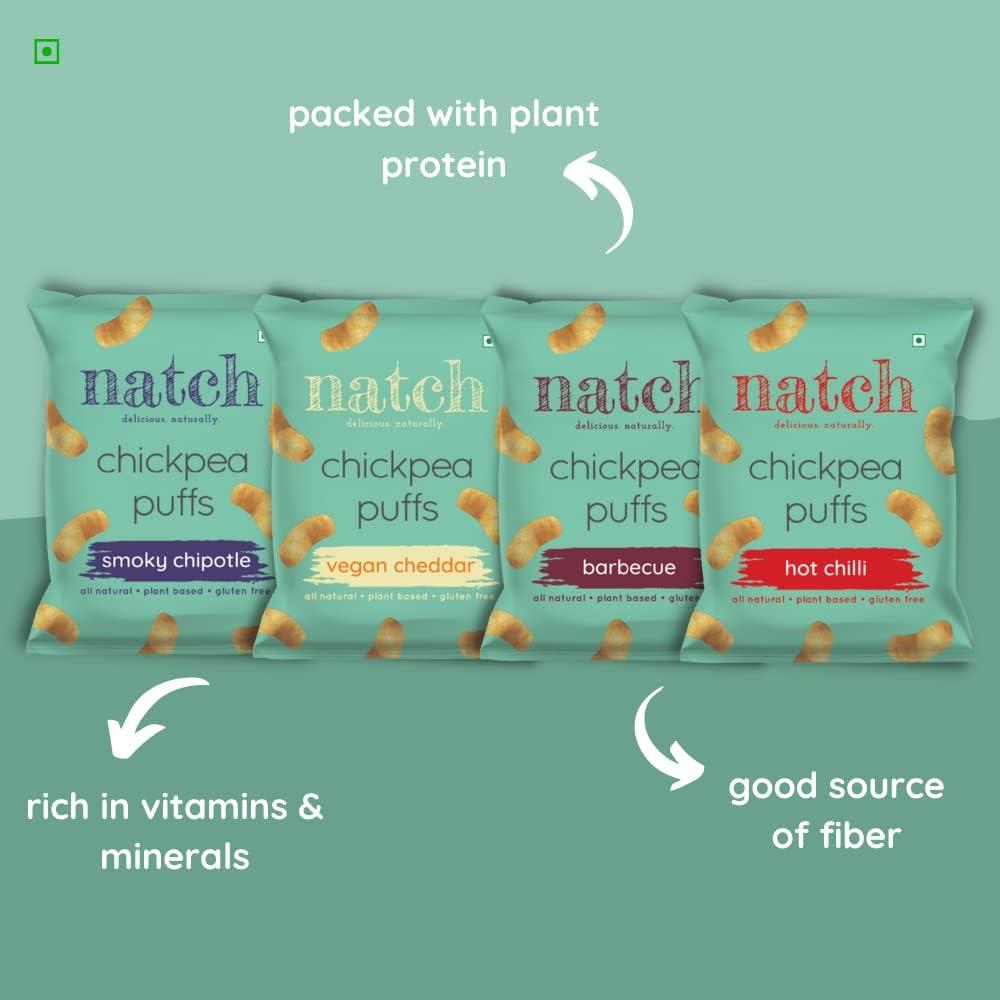 natch Natch Chickpea Puffs & Popped Chips Variety Pack, Popped Chips Barbecue, Garlic & Herb, Puff Barbecue, Vegan Cheddar, Hot Chilli, Smoky Chipotle, Rich in Fiber & Protein (Pack of 6)