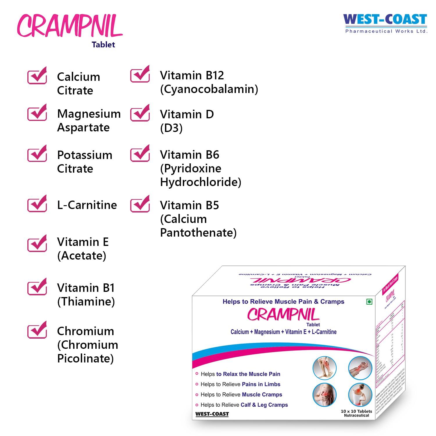 WEST-COAST WEST-COAST Crampnil Tablets helps to relieve muscle pain, joint pain & cramps