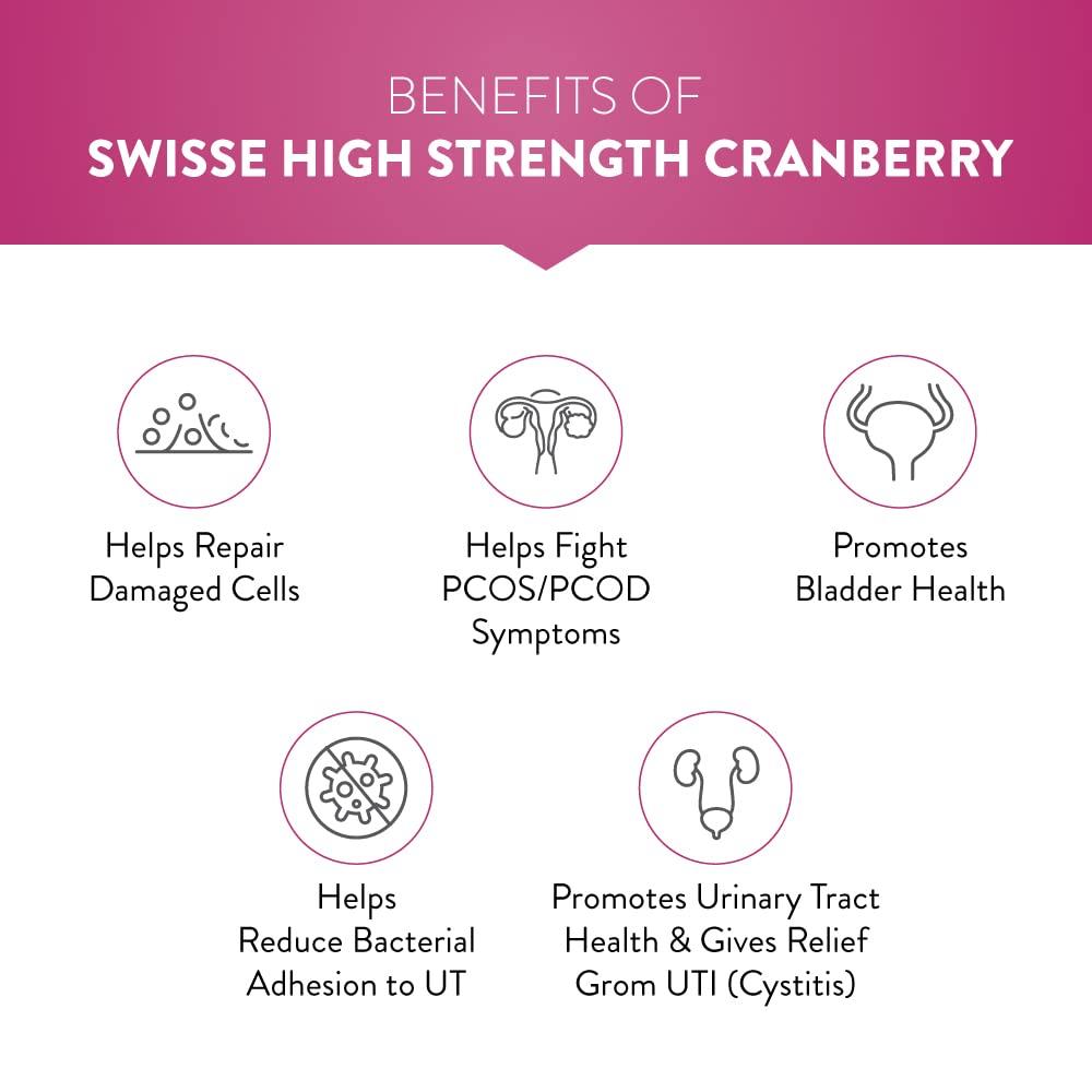Swisse Swisse High Strength Cranberry for PCOS, PCOD & UTI - 25000mg Cranberry Extract, Antioxidant Rich Supplement Supports Bladder & Kidney Health (30 Tablets)