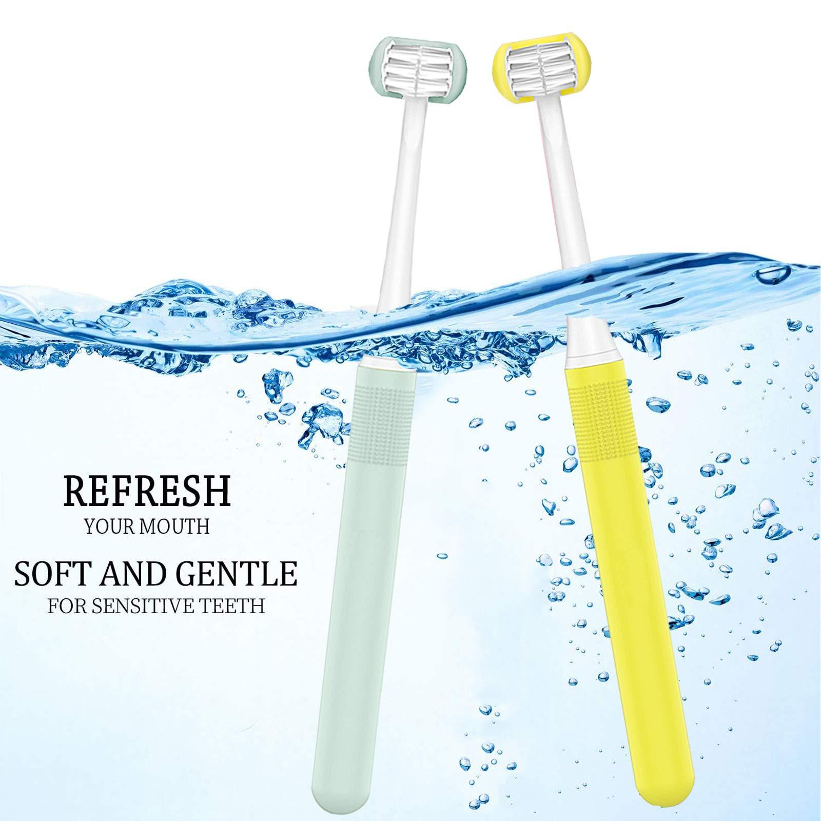 FOREVIVE FOREVIVE 2 Pieces 3 Sided Toddler Toothbrush, Three Bristles for Kids Toothbrush, Autism Soft Bristles Toothbrush,Soft and Gentle for Complete Tooth and Gum Care(C1Blue+Yellow Kids)