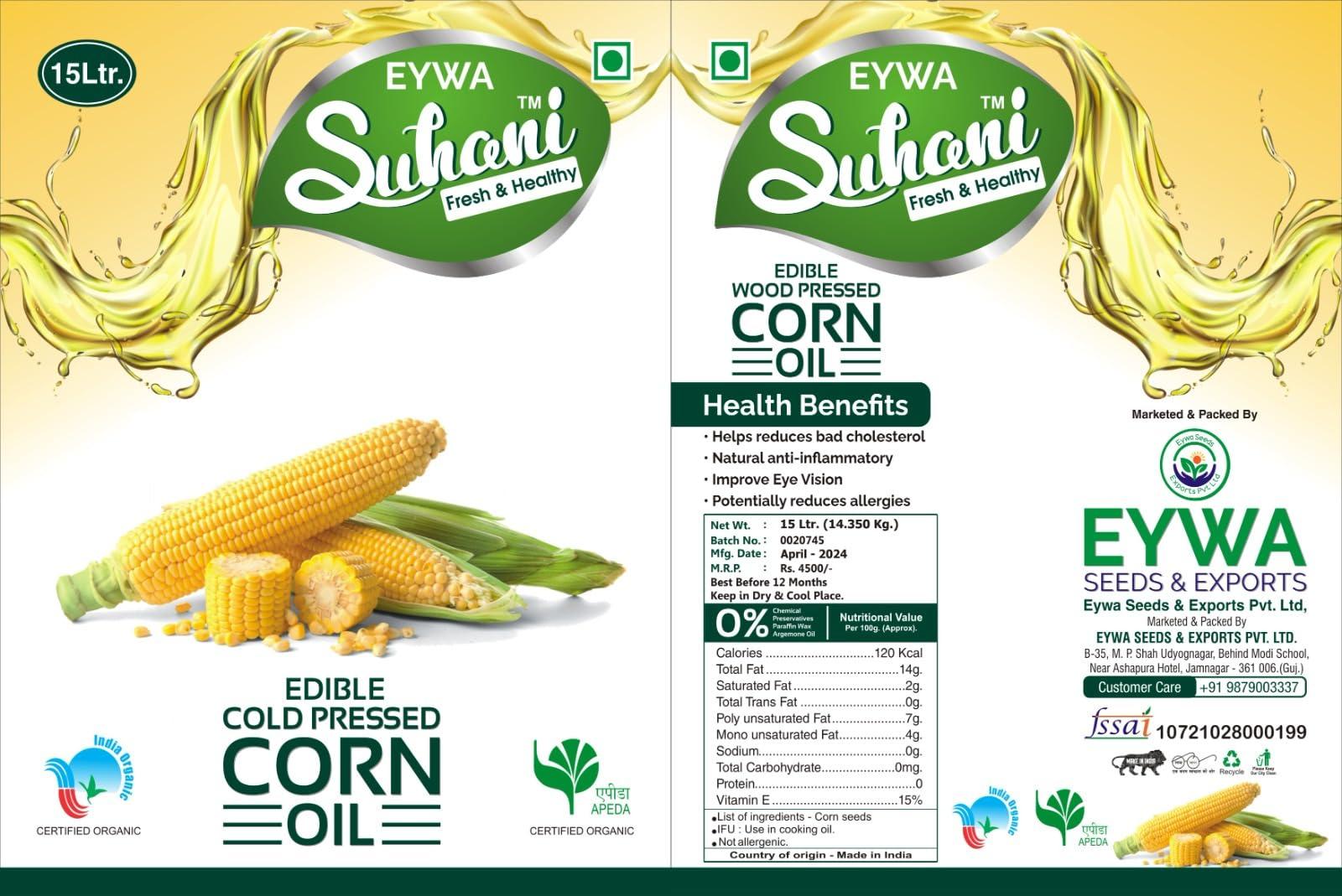 Eywa Seeds & Exports Pvt Ltd Organic corn oil (15 liter) cold pressed/wood pressed oil | corn/makkai kachi ghani oil/tel by EYWA