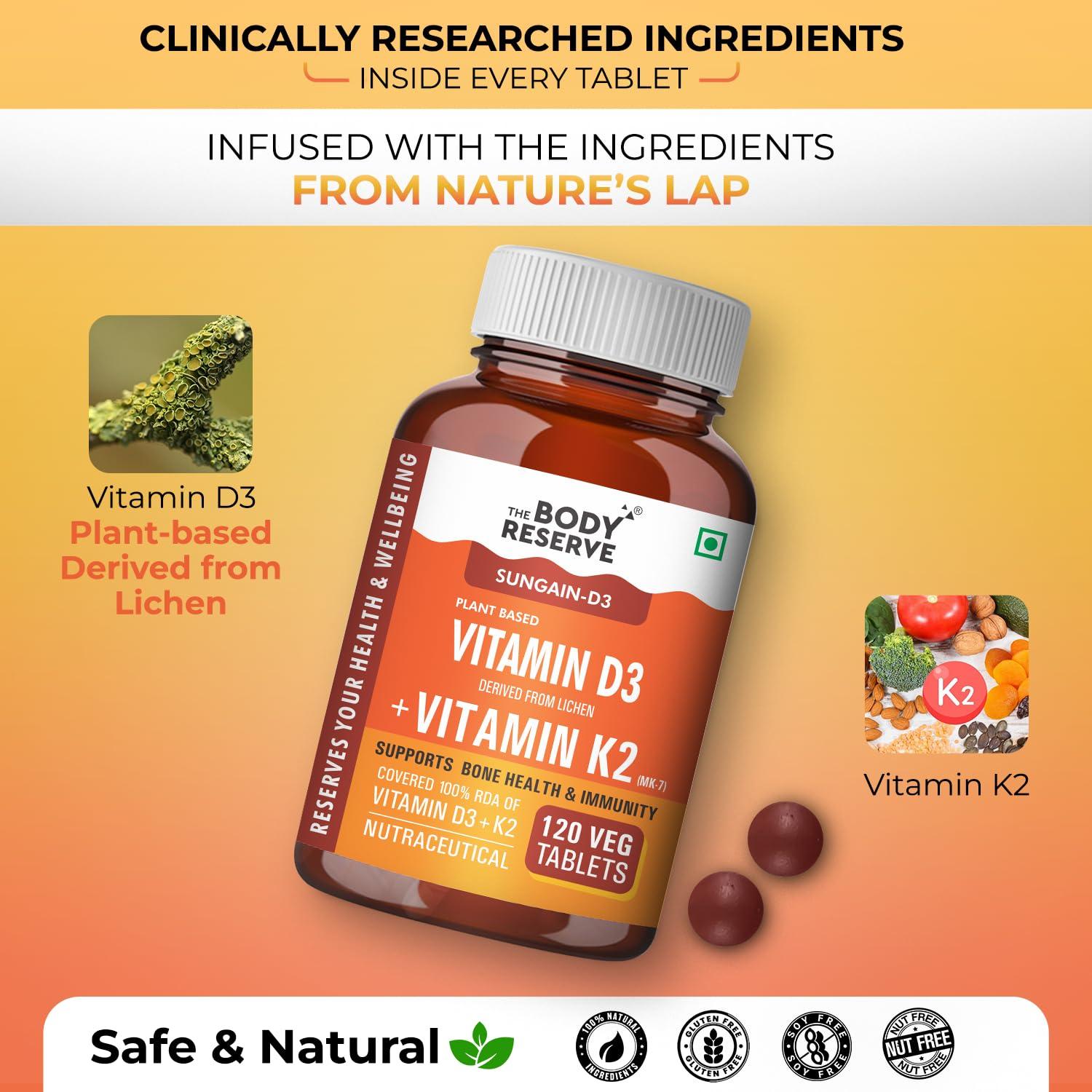The Body Reserve The Body Reserve Vitamin D3 K2 MK7-120 Veg Tablets, 100% RDA Plant-Based Vitamin D3 Supplement from Lichen Source with Vitamin K2 as MK7 Menaquinone