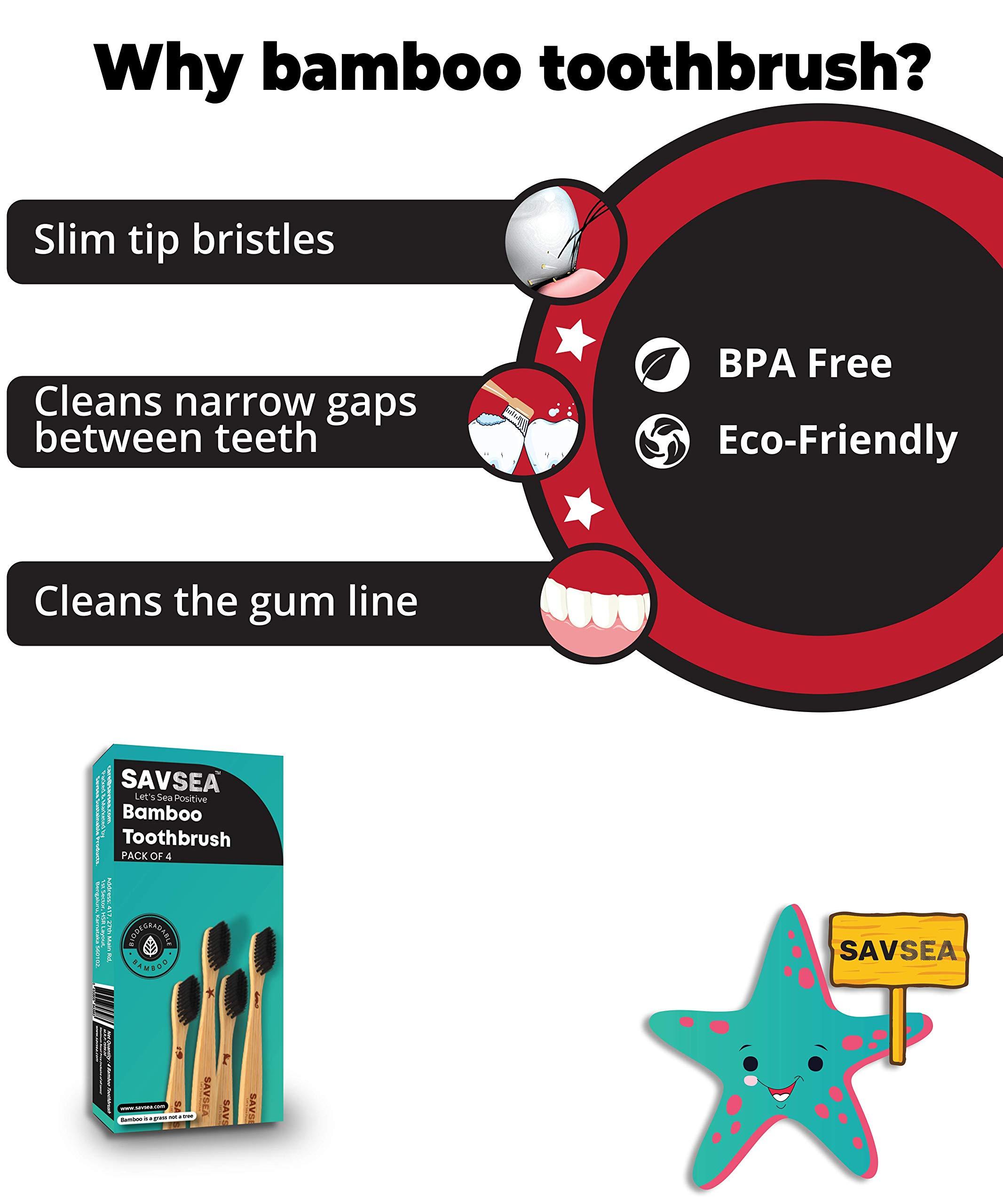 SAVSEA SavSea Bamboo toothbrush for adults | Charcoal bamboo toothbrush soft medium bristles| Pack of 4 adult toothbrush with biodegradable bamboo