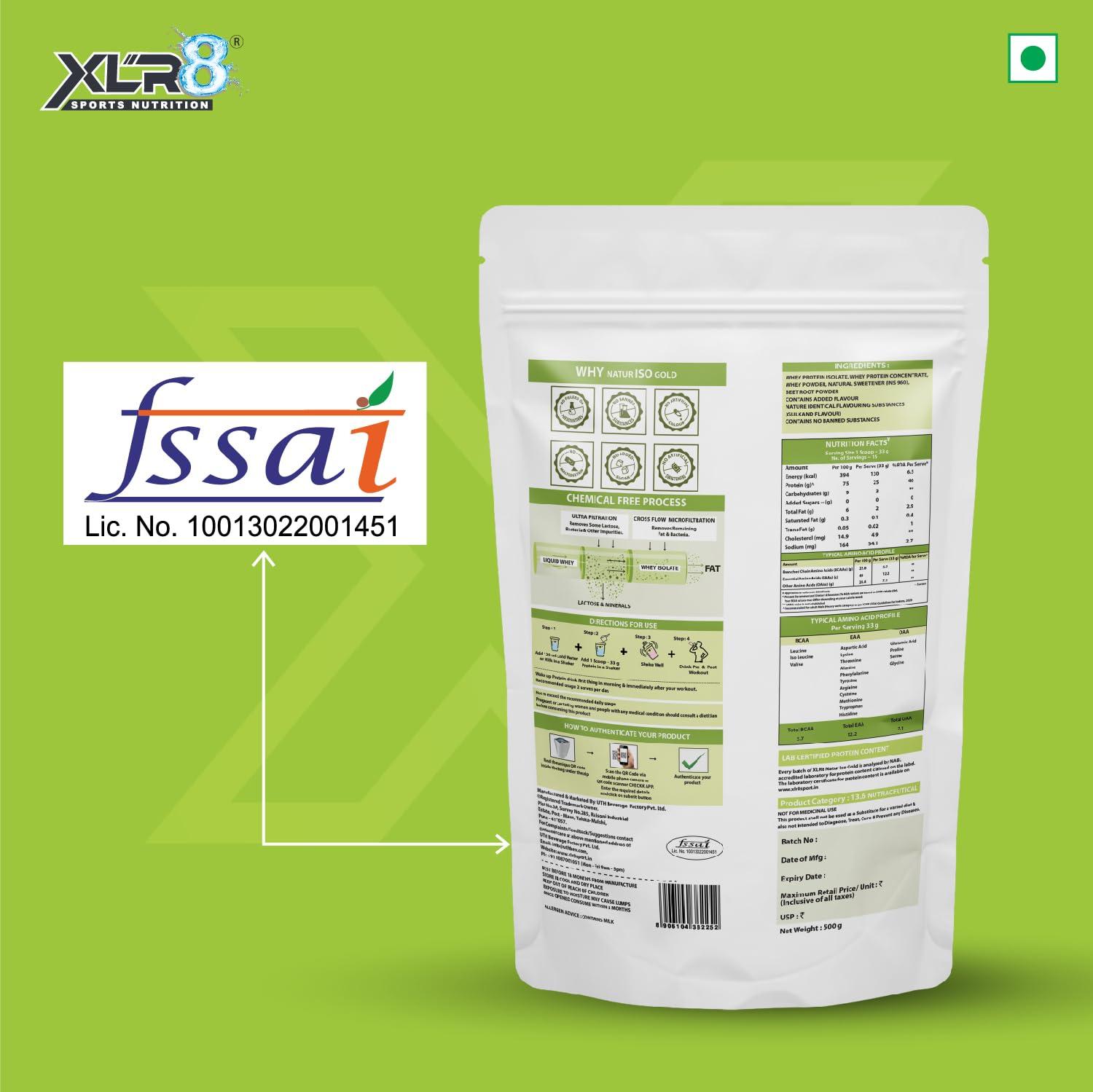 XLR8 XLR8 Natur Iso Gold Whey Protein Isolate, 25g Protein, 5.7g BCAA, Sweetened with Stevia, VEGETARIAN, ZERO SUGAR, Muscle Support and Recovery (500 g (Pack of 1), Gulkand Flavour)